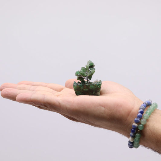 A miniature crystal tree in a crystal pot sits on an open human palm. The arm, adorned with beaded bracelets, extends from the bottom right against a plain white background.