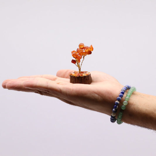 A miniature amber tree rests on an open palm against a white background.  The hand also wears two beaded bracelets.