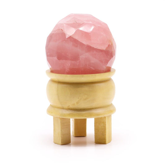 Rose Quartz faceted healing ball crystal sphere on wooden stand pink gemstone display