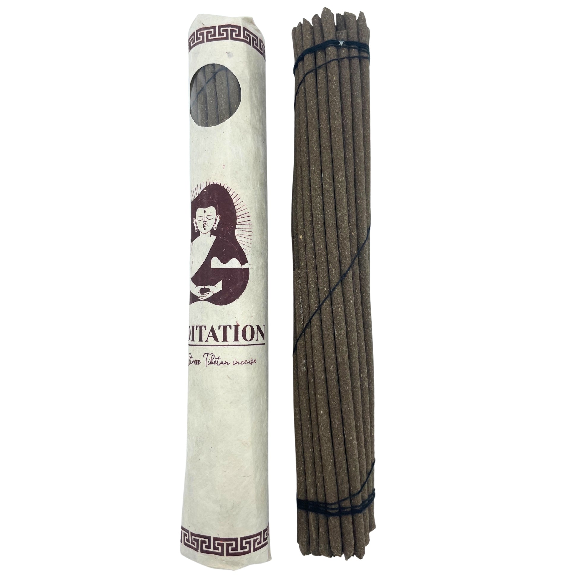 Incense sticks bound together with black thread, alongside a cylindrical paper package featuring a Buddha image. Text reads "MEDITATION" and "Pure Tibetan incense." The setting is simple with a white background.