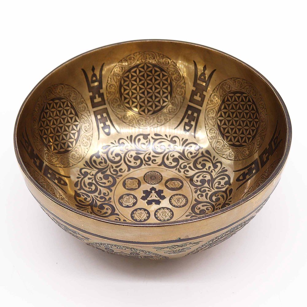 Tibetan Healing Engraved Bowl - 21cm - 7 Chakra and Flower of Life