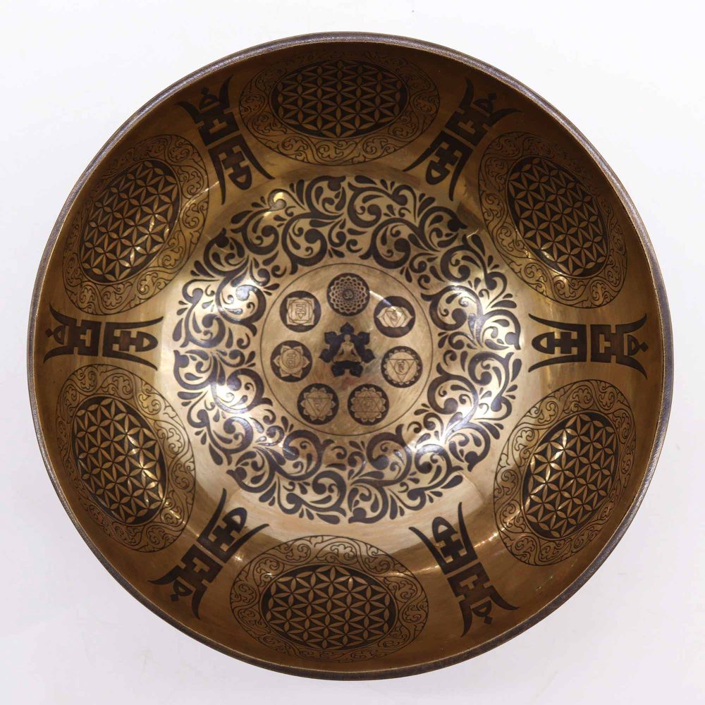Tibetan Healing Engraved Bowl - 21cm - 7 Chakra and Flower of Life
