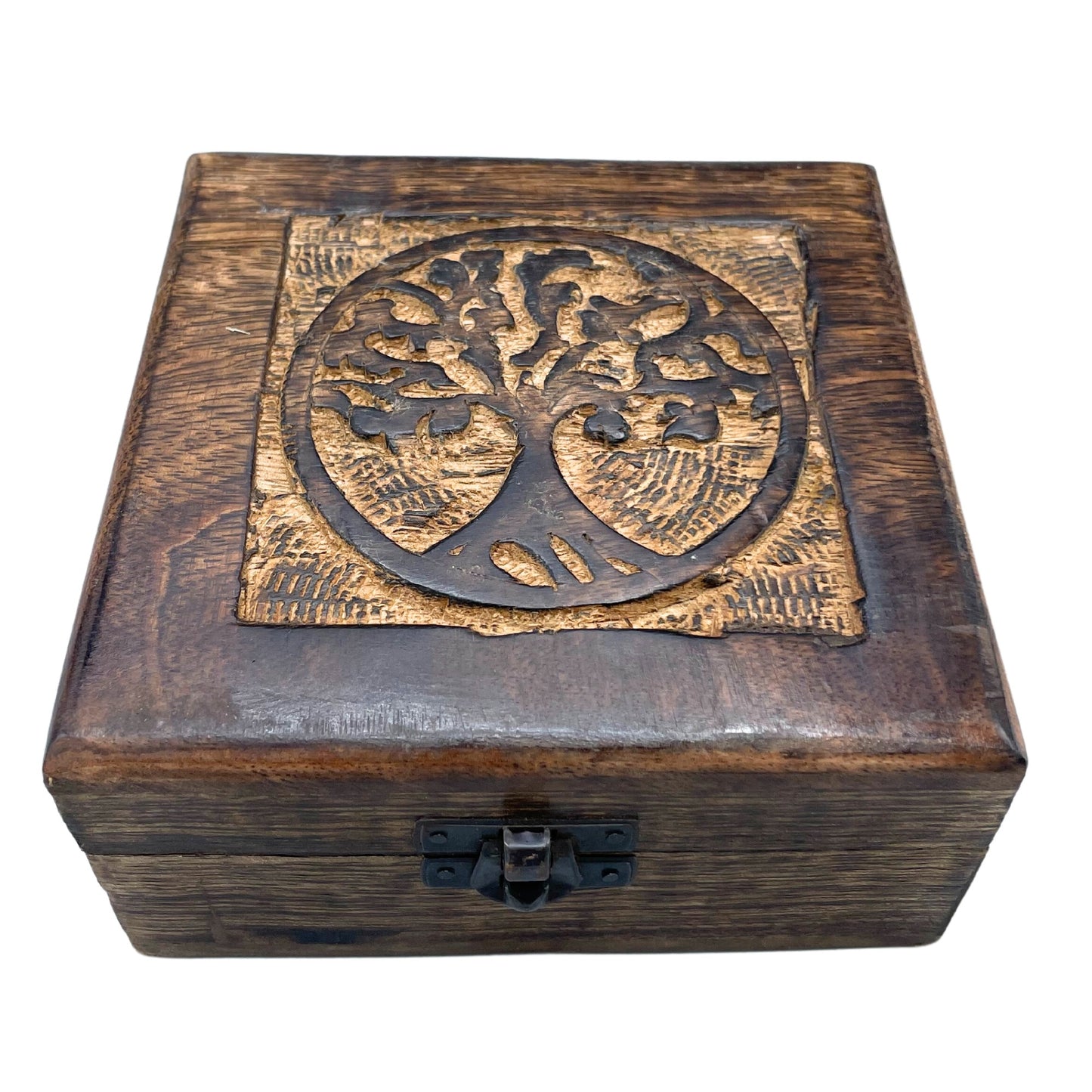 A wooden box features a carved tree symbol on its lid, secured with a metal latch, set against a plain white background.