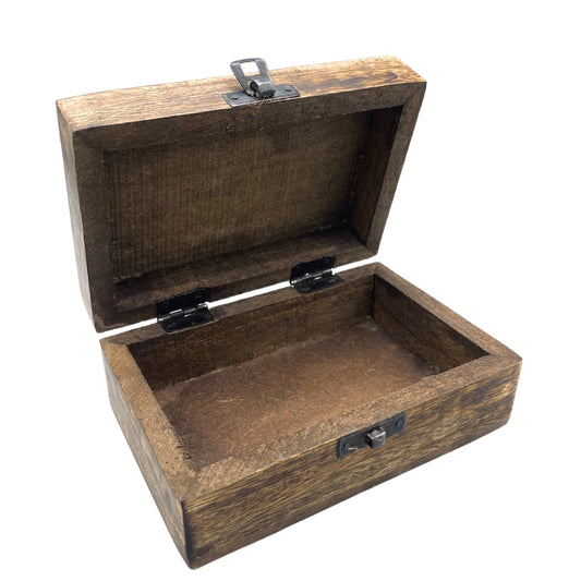 A wooden box with a rectangular shape, open lid, and visible hinges and latch mechanism. The interior appears empty. The context is plain with a white background.