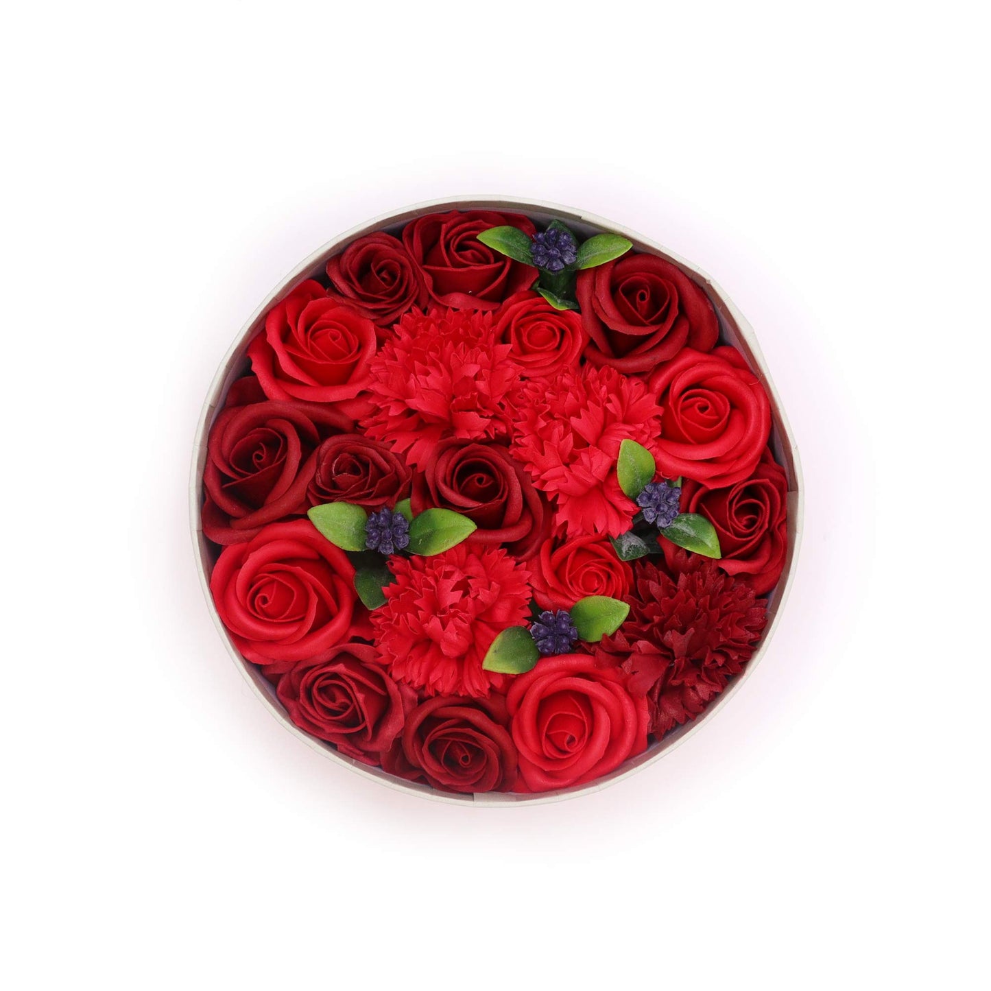 A circular arrangement of red roses and carnations sits in a light grey box, against a white background.