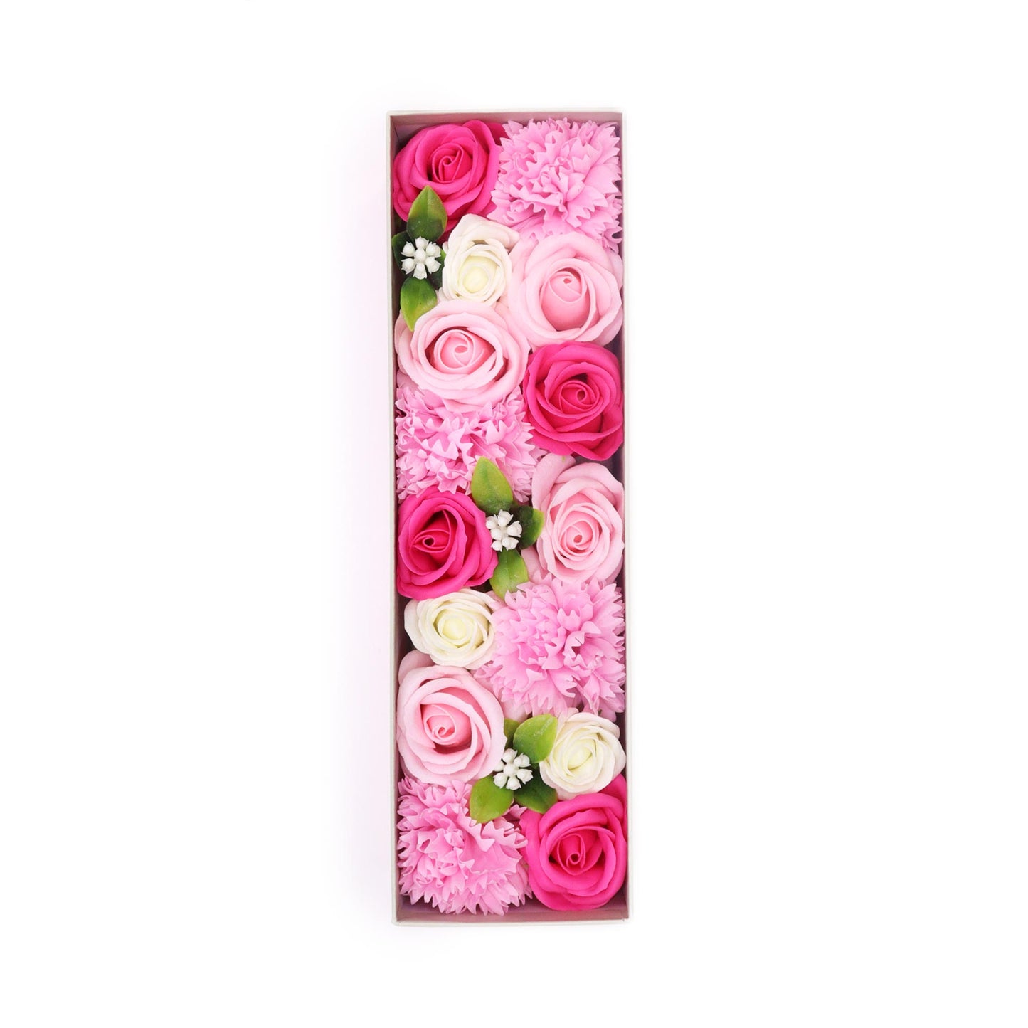 Pink and white soap roses and carnations are arranged in a rectangular box to form the letter "I" against a white background.