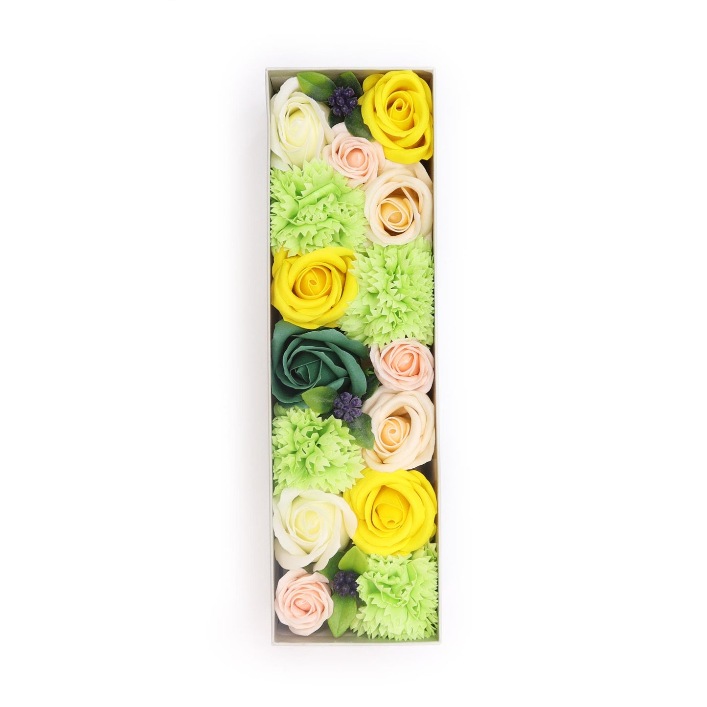 Soap flowers, arranged as the letter "I," are contained within a rectangular box against a white background.