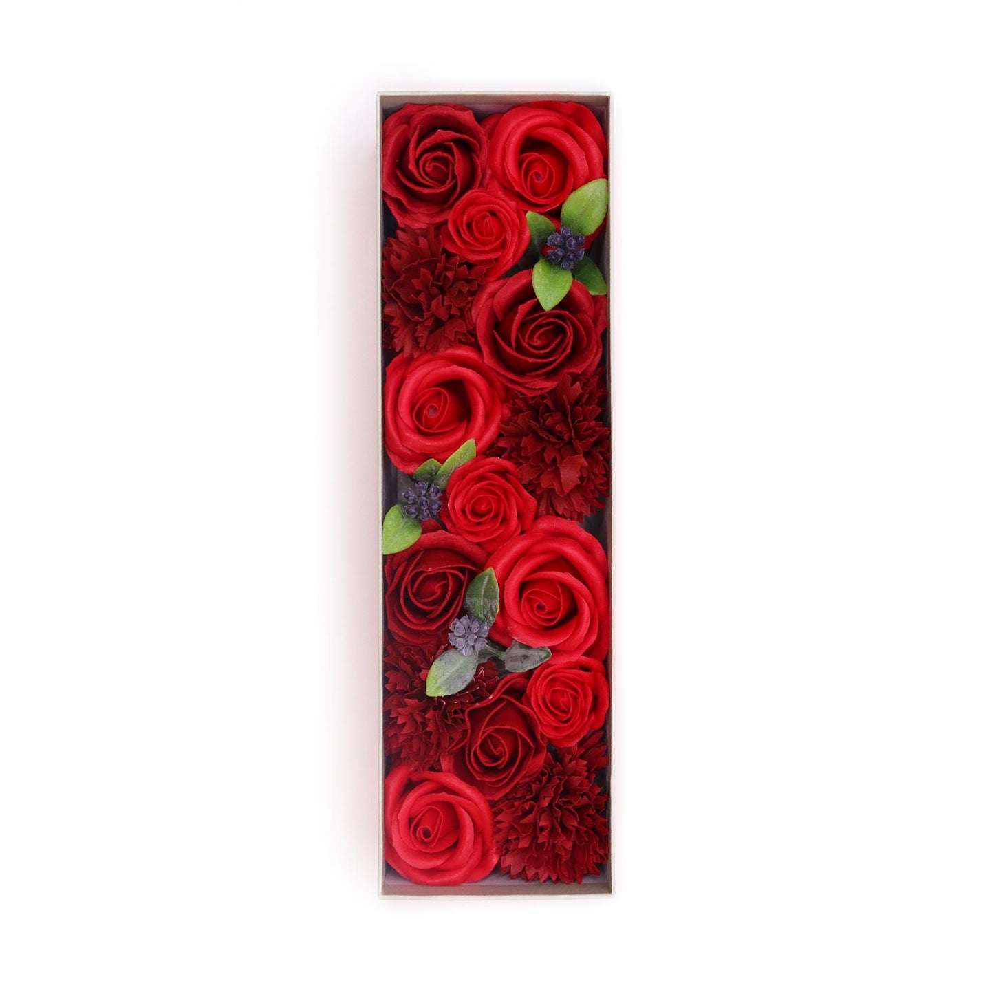 Red roses and carnations are arranged in a rectangular box, forming the letter “I” against a white background.