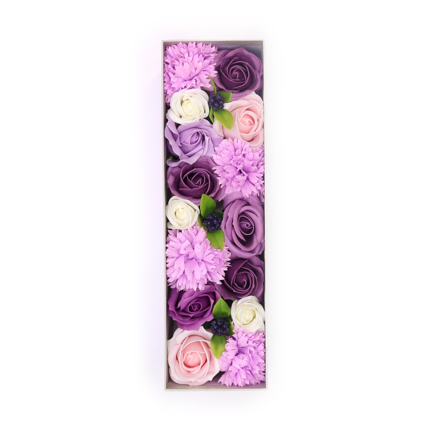 Roses and carnations, arranged to form the letter “I,” are contained within a rectangular box set against a white background.
