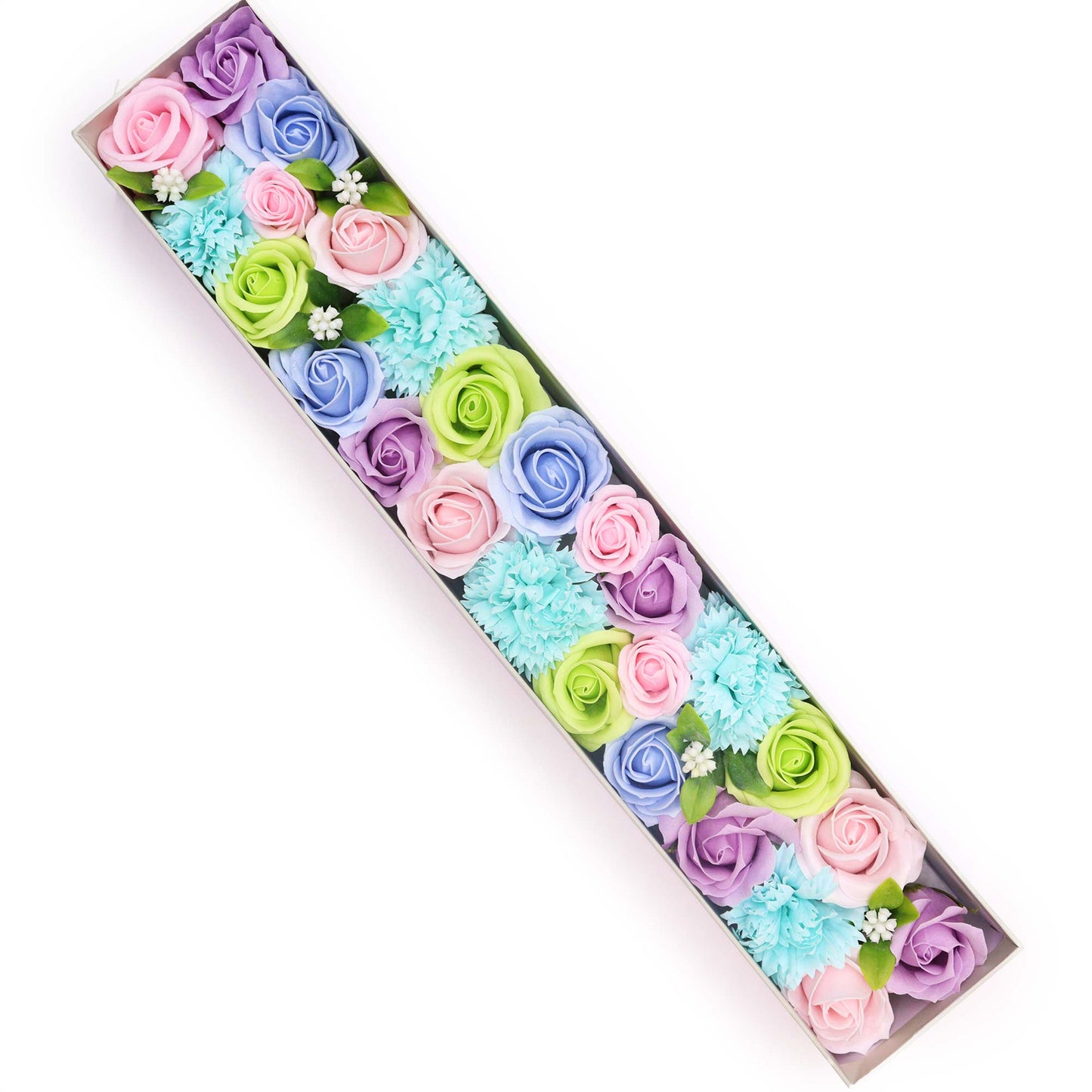 Pastel soap roses and carnations are arranged in a rectangular box, on a white background.