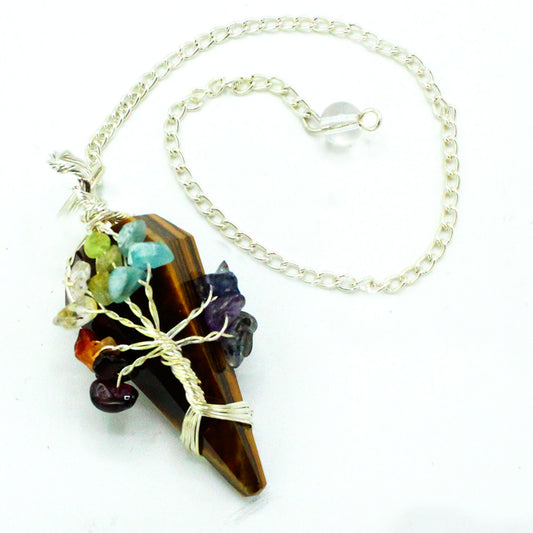A crystal pendulum, a brown, geometric stone held by silver wire, hangs from a silver chain. Small, colorful stones are attached. The pendulum is displayed against a white background.