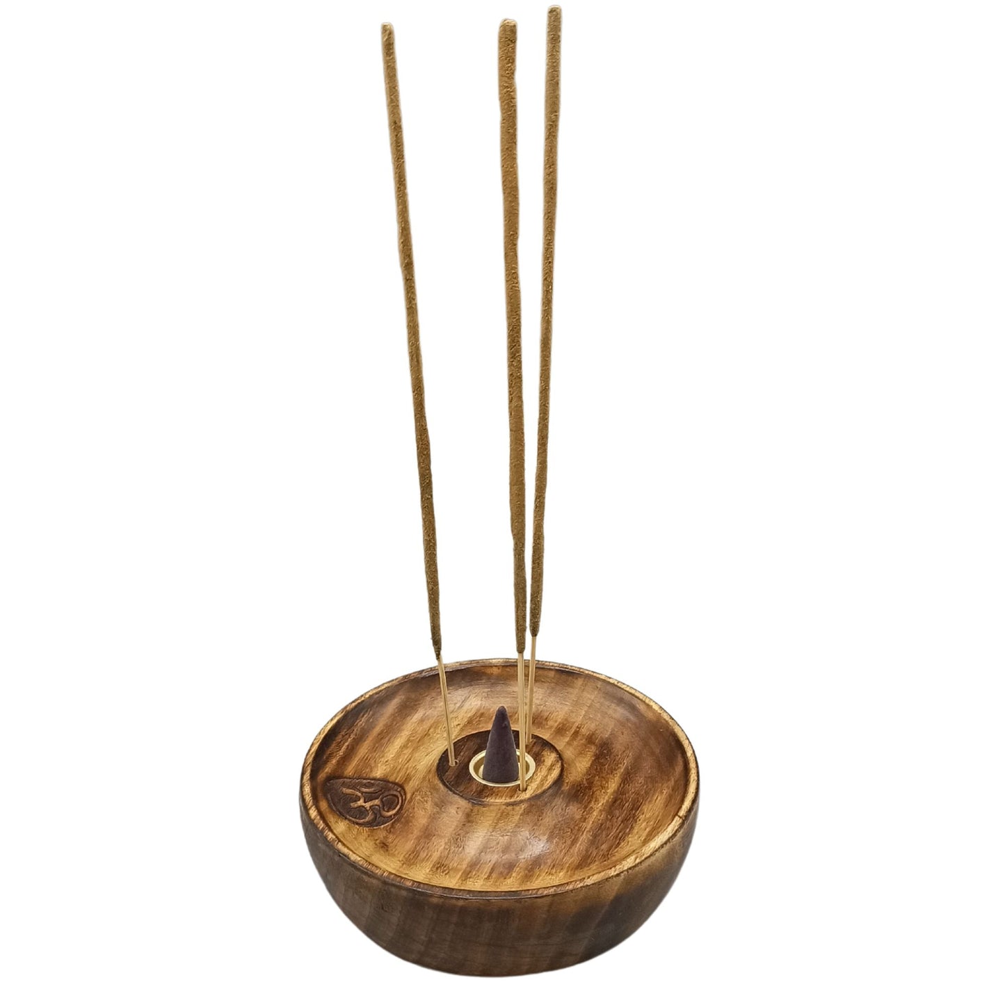 Wooden incense holder with three unlit incense sticks and a cone, engraved with the Om symbol, placed on a smooth, rounded base. Background is plain white.