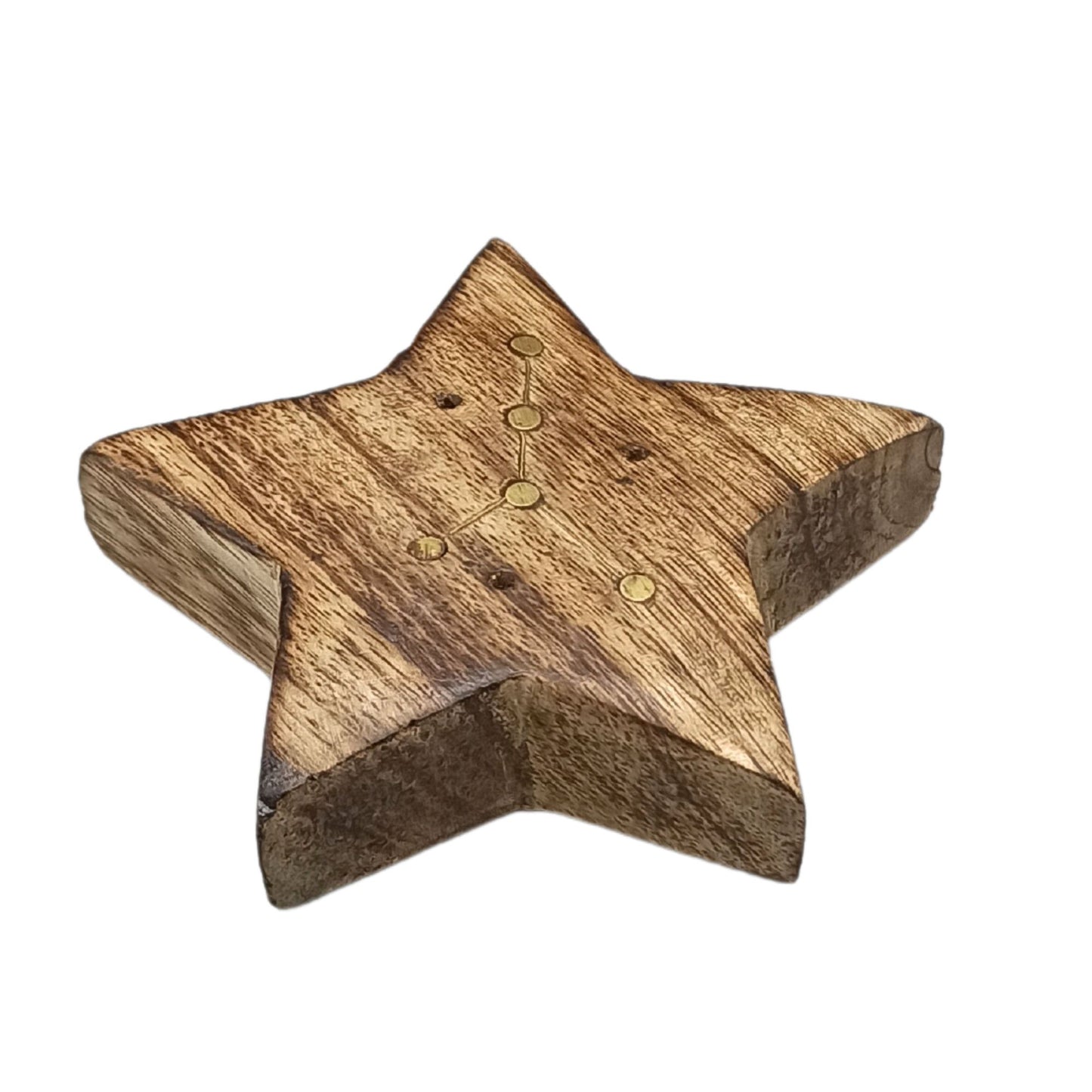 A wooden star-shaped object, engraved with a simple constellation pattern of connected circles, sits on a plain white background.