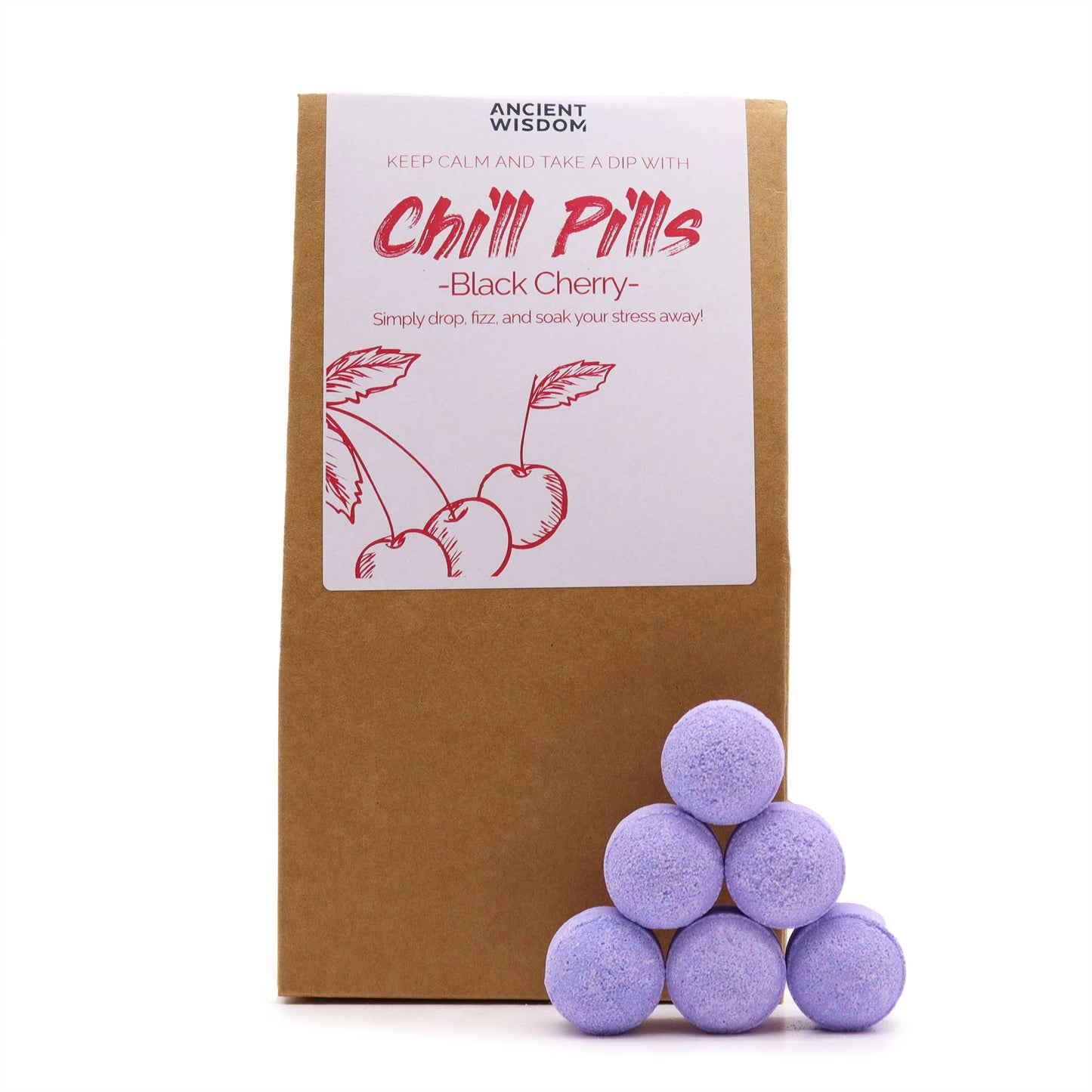 A brown package labeled "Chill Pills - Black Cherry" with a cherry illustration; six stacked purple bath bombs sit nearby. Text: "Keep calm and take a dip with... Simply drop, fizz, and soak your stress away!"