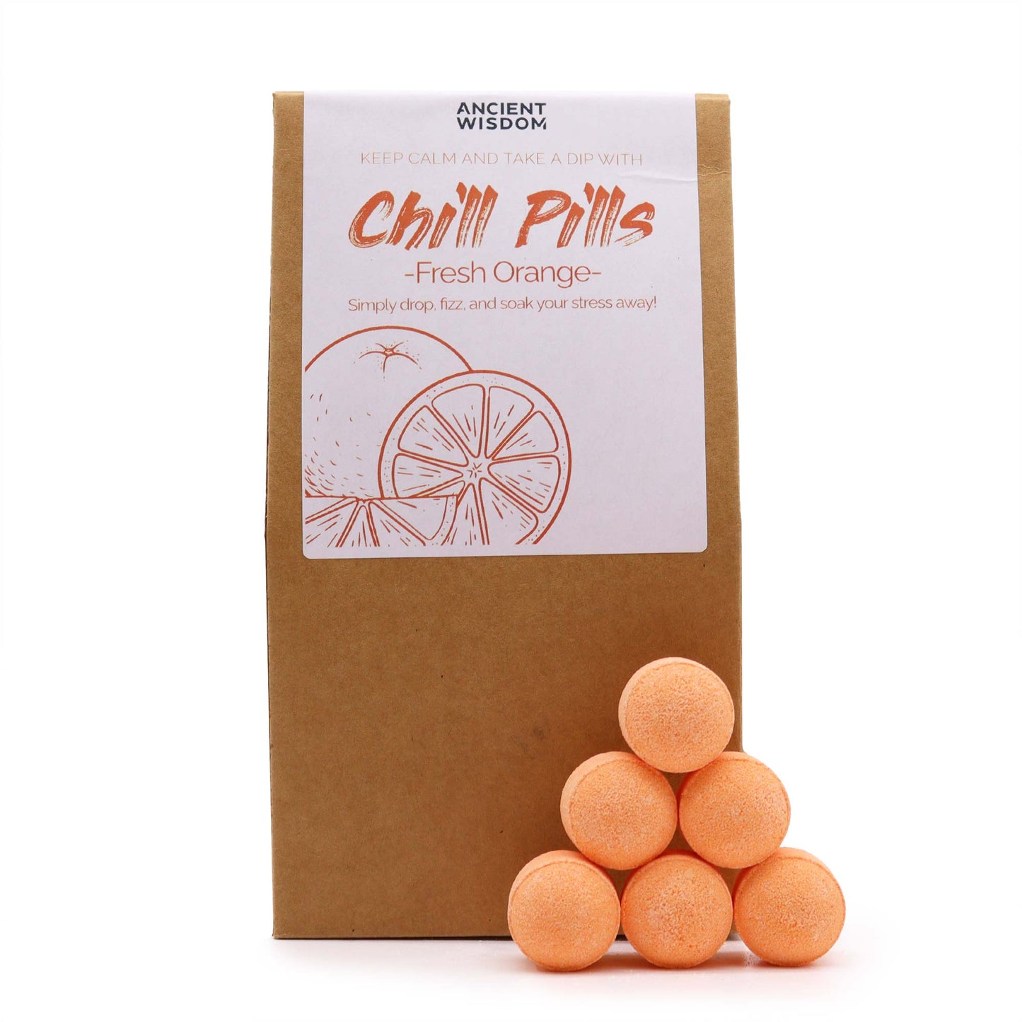 A brown package labeled "Chill Pills -Fresh Orange-" features a citrus illustration. Six orange, round bath fizzers are stacked in front. Text: "Keep calm and take a dip with."