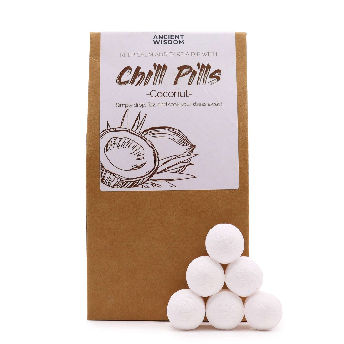 Package labeled "Chill Pills" with a coconut illustration, contains white spherical bath fizzers, stacked in front. Text: "ANCIENT WISDOM. Keep calm and take a dip with Chill Pills -Coconut-. Simply drop, fizz, and soak your stress away!"