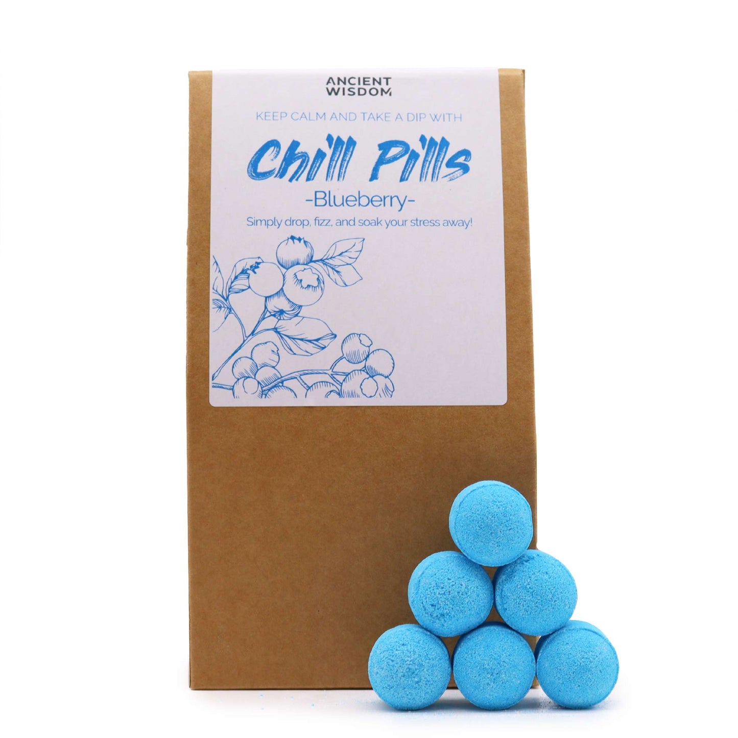 Brown paper pouch labeled "Chill Pills - Blueberry" by Ancient Wisdom, featuring blue bath fizz balls. Instructions state: "Simply drop, fizz, and soak your stress away!" Illustration of blueberries included.
