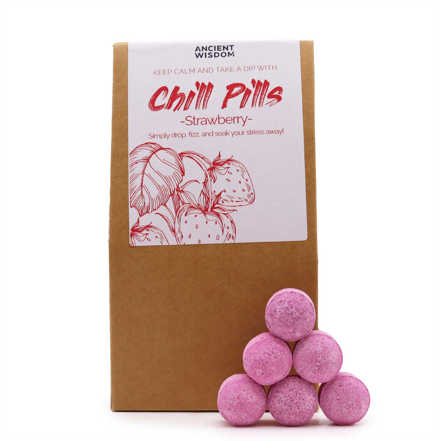 A brown package labeled "Chill Pills - Strawberry" with a red strawberry illustration stands beside a pyramid of pink tablets. Text: "ANCIENT WISDOM KEEP CALM AND TAKE A DIP WITH Simply drop, fizz, and soak your stress away!"