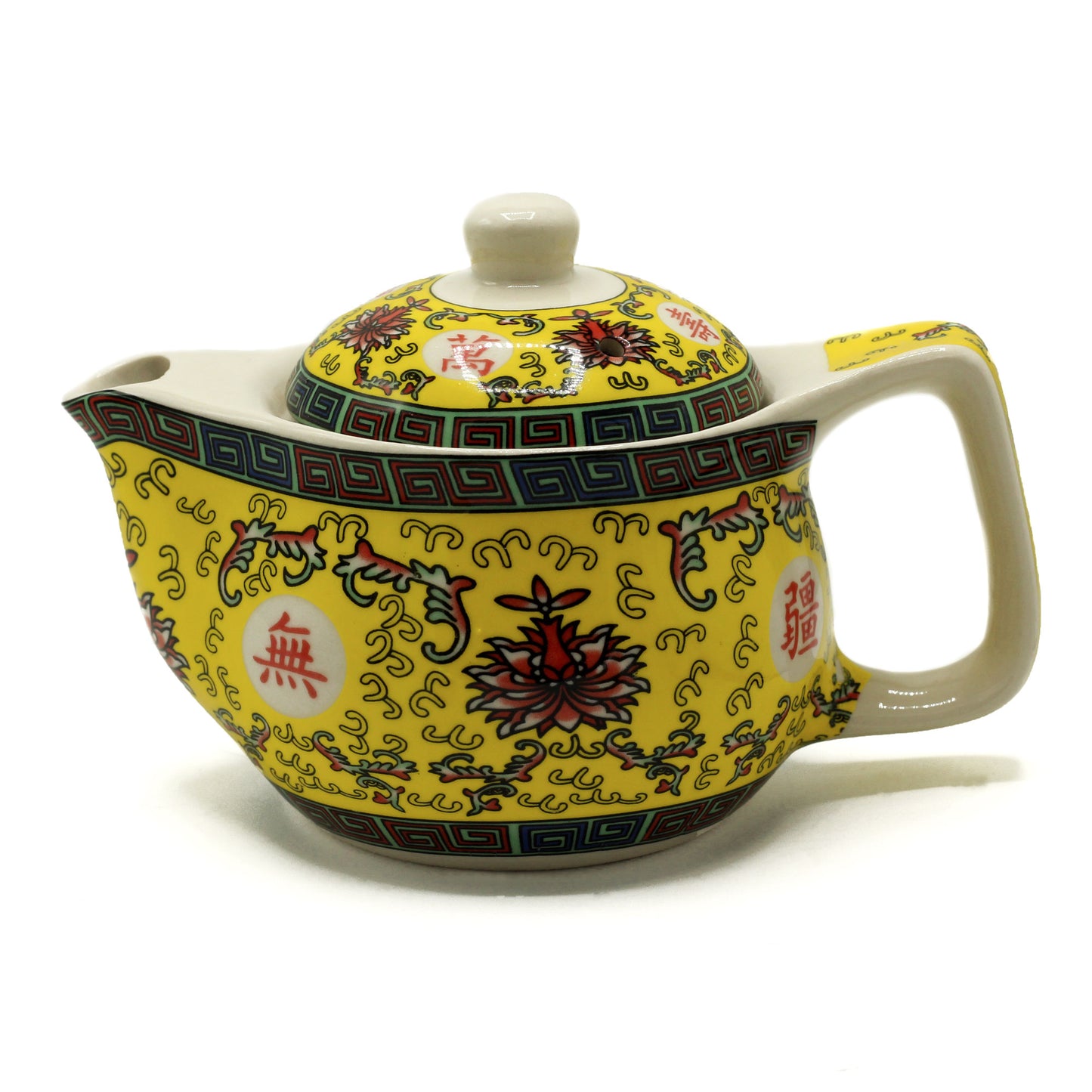 A yellow teapot, adorned with Chinese characters and floral designs, sits on a white background. The characters on the teapot appear to be 福 (fú - happiness/fortune) and 囍 (xǐ - double happiness).