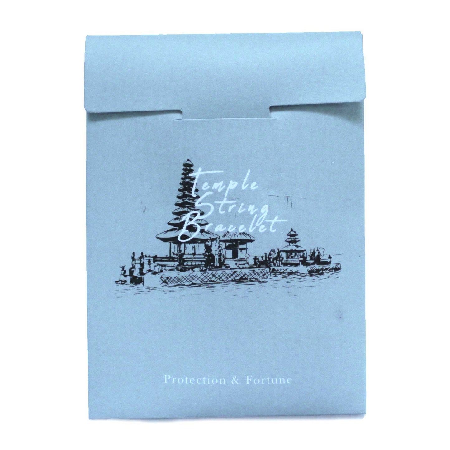 A light blue envelope displays a black ink sketch of a temple on water. Text reads: "Temple String Bracelet," and "Protection & Fortune."