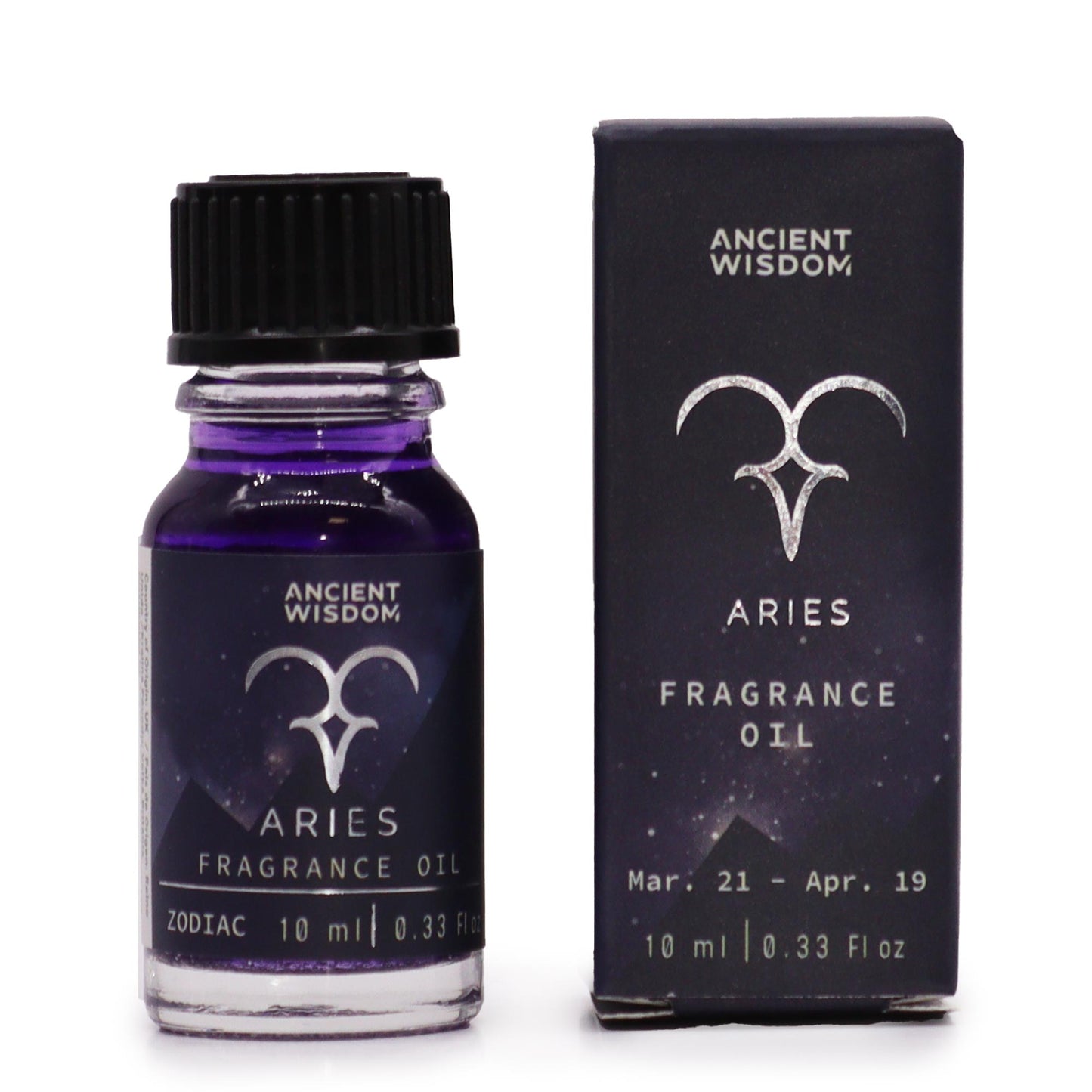 A small, dark purple glass bottle of Aries fragrance oil sits beside its box; both feature the Aries astrological symbol. The bottle contains 10ml (0.33 fl oz) and is labeled "Ancient Wisdom." The box indicates dates March 21 - April 19.