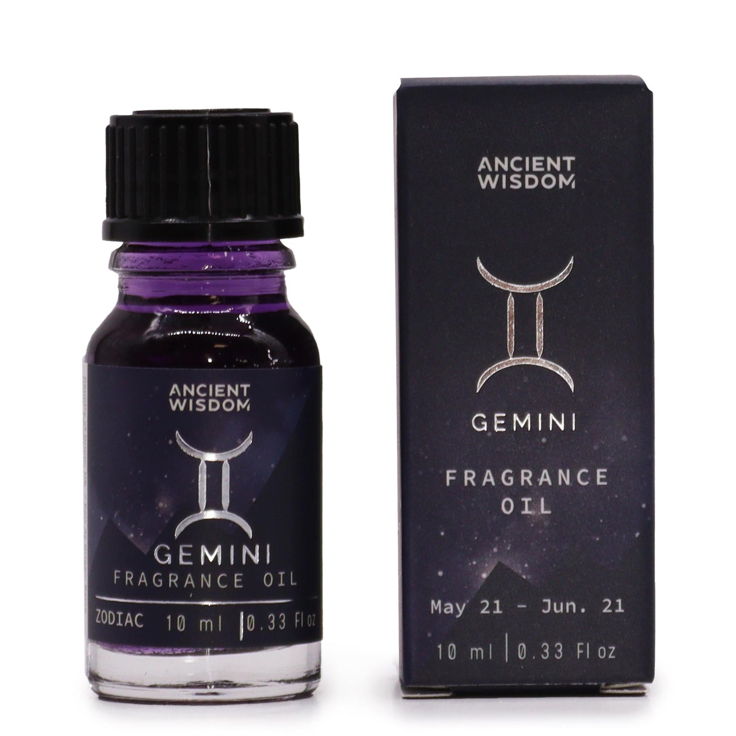 A small glass bottle of purple Gemini fragrance oil sits beside its box; both display astrological symbols and text.