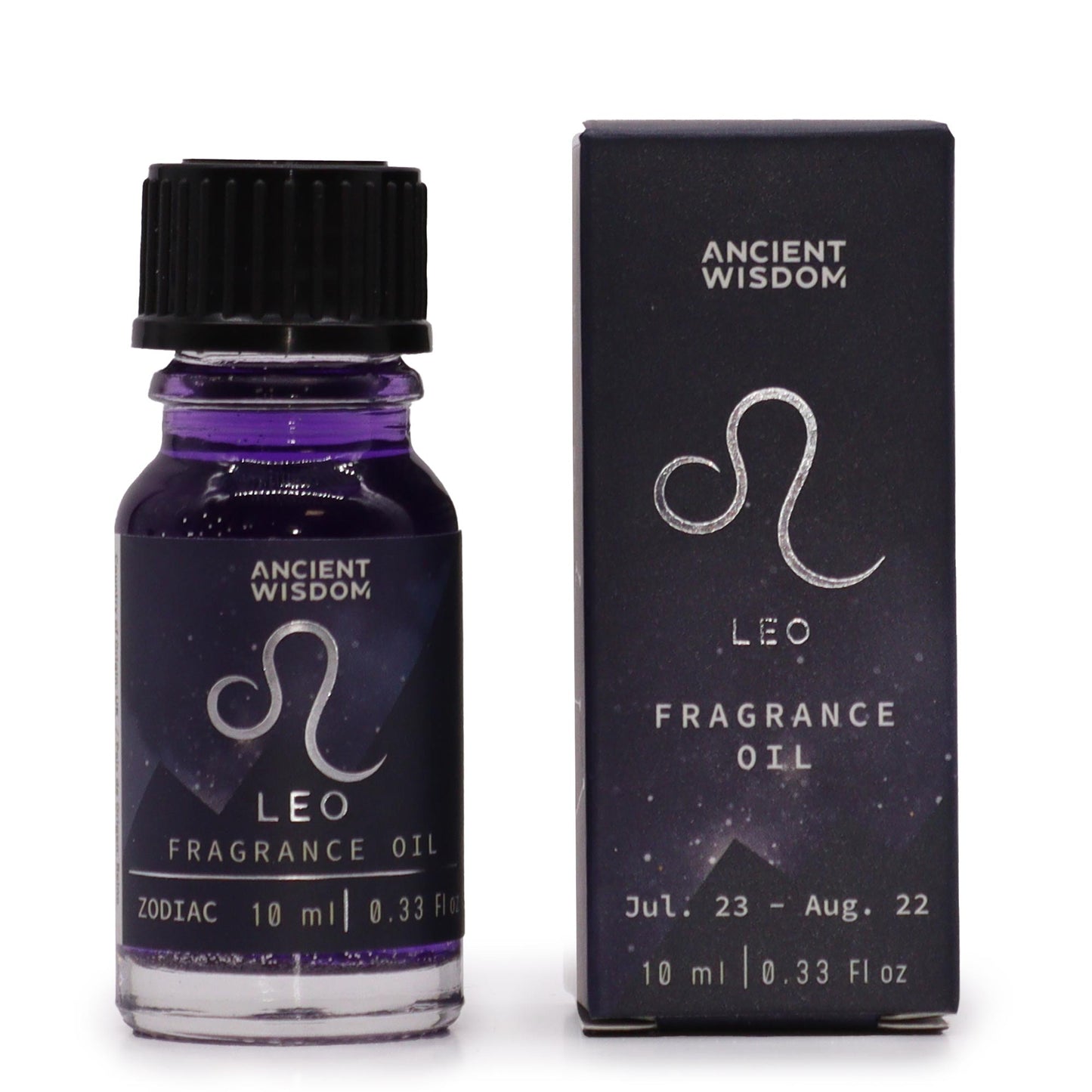 A small, purple fragrance oil bottle, displaying the Leo zodiac symbol and "Ancient Wisdom" branding, sits beside its packaging on a white background.