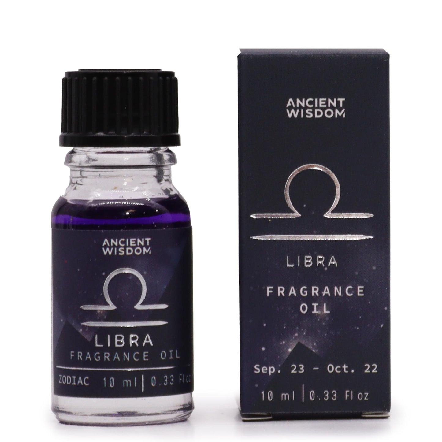 A small glass bottle of purple Libra fragrance oil sits beside its box. Both display the Ancient Wisdom brand and Libra zodiac symbol. The box also indicates the dates September 23rd–October 22nd and volume (10 ml | 0.33 fl oz).