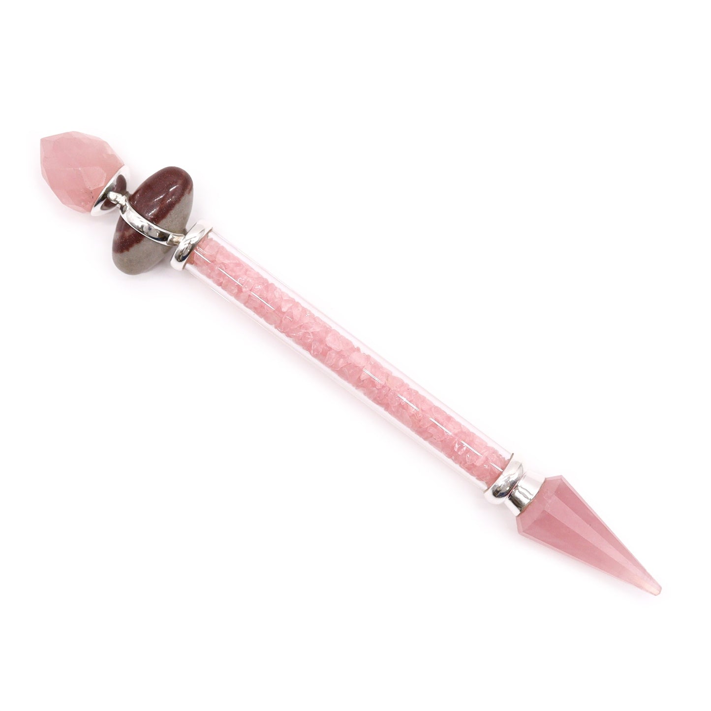 A crystal tool sits diagonally on a white background. It features a pink pointed crystal on one end, a clear tube filled with pink crystals, and a gray stone and multifaceted pink crystal on the other end.