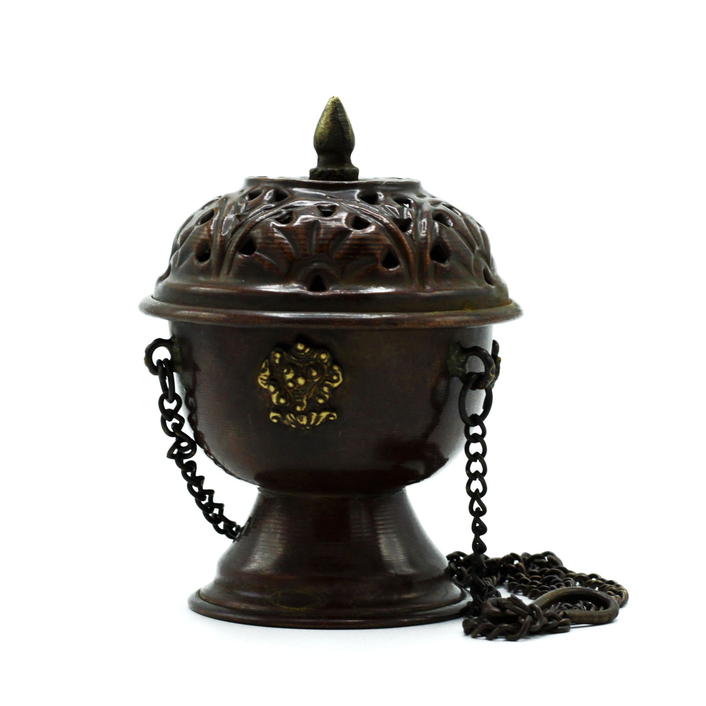 A bronze incense burner with intricate cut-out designs on the lid, adorned with chains and decorative motifs, resting on a simple pedestal.