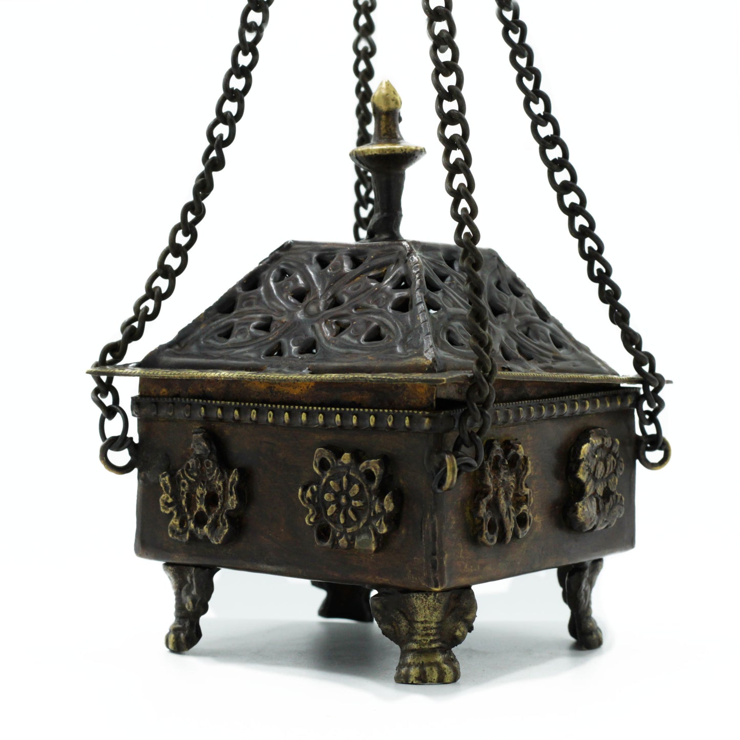Brass Tibetan Incense Burner - Eight Symbols Square Hanging Pot