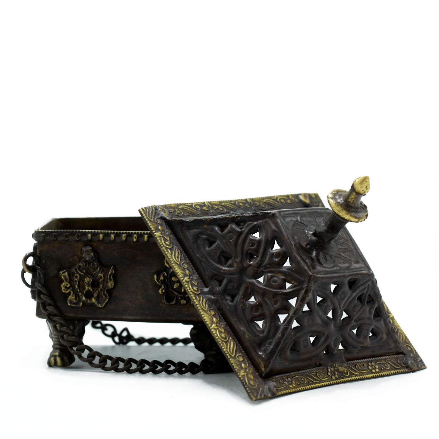 Brass Tibetan Incense Burner - Eight Symbols Square Hanging Pot