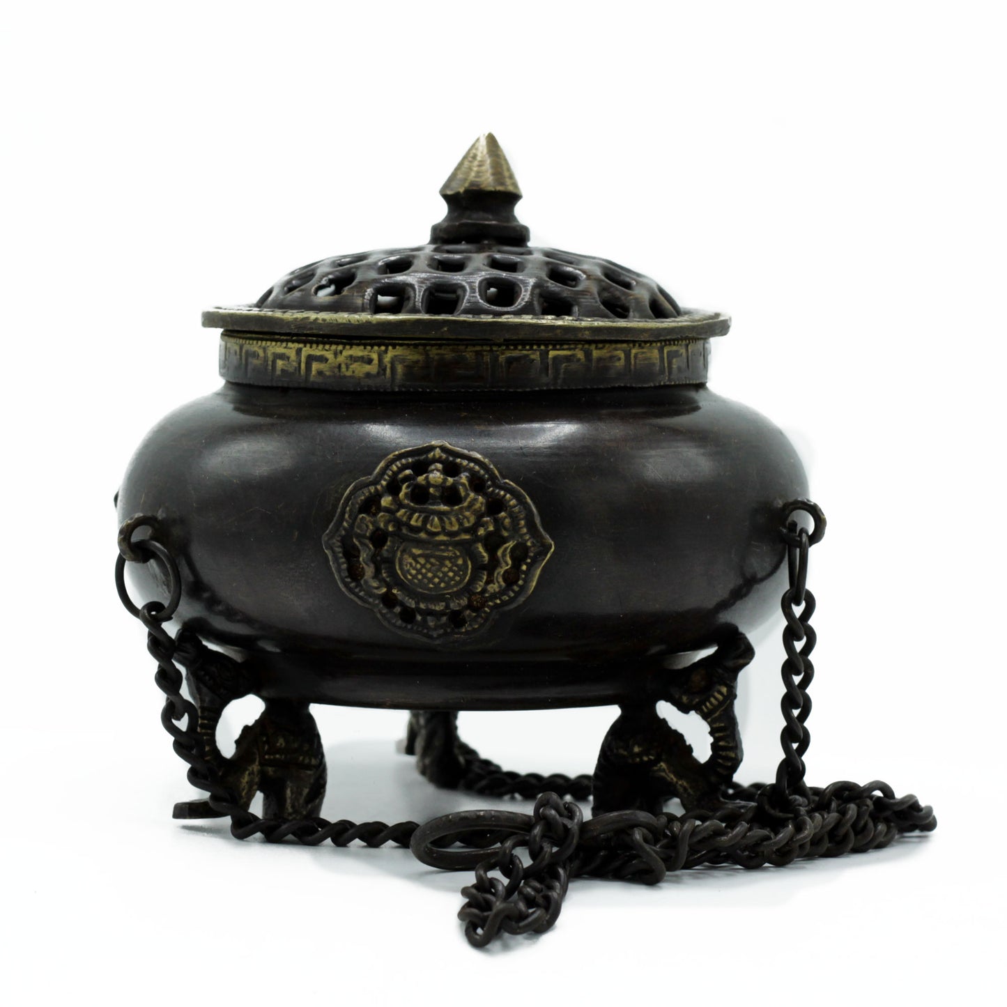 Lrg Brass Tibetan Incense Burner - Four Symbol Hanging Pot