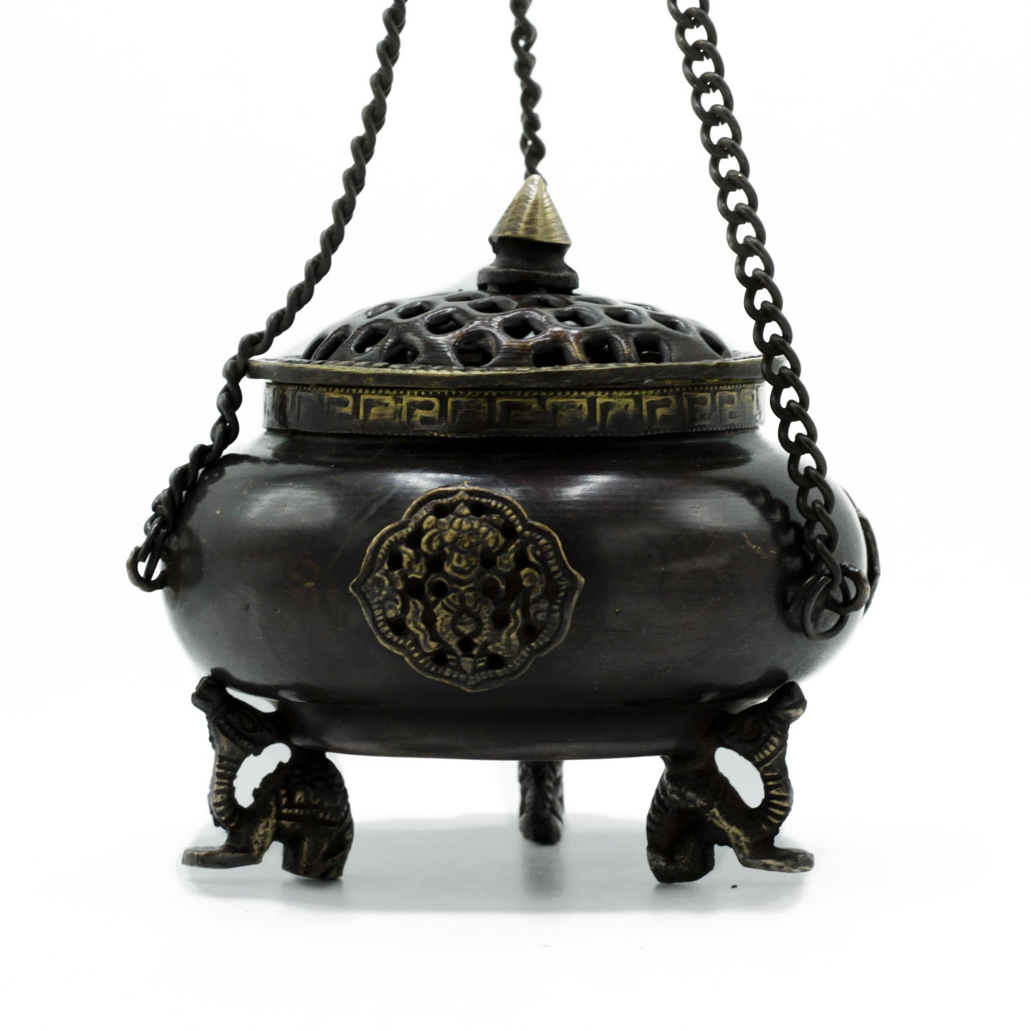 Lrg Brass Tibetan Incense Burner - Four Symbol Hanging Pot