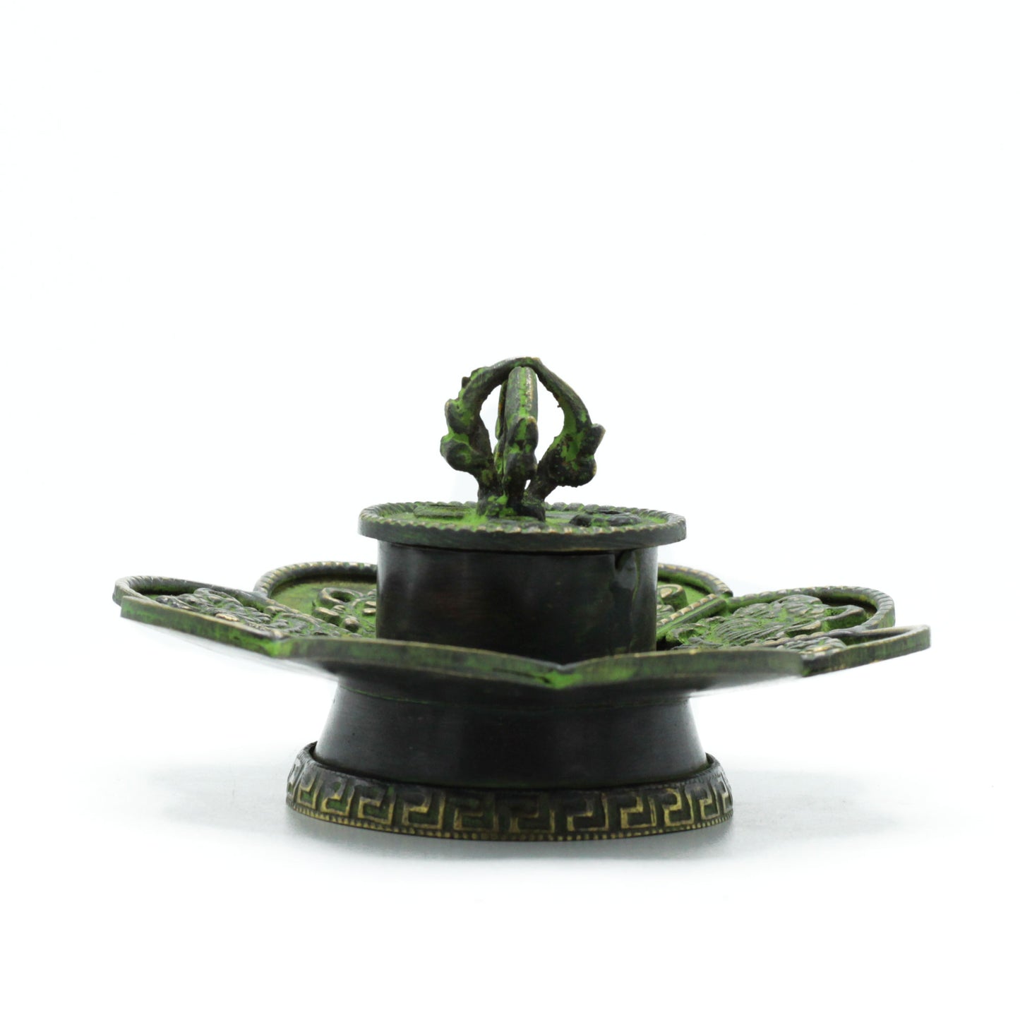 Brass Verdigris Tibetan Cone and Incense Holder - Eight Symbols