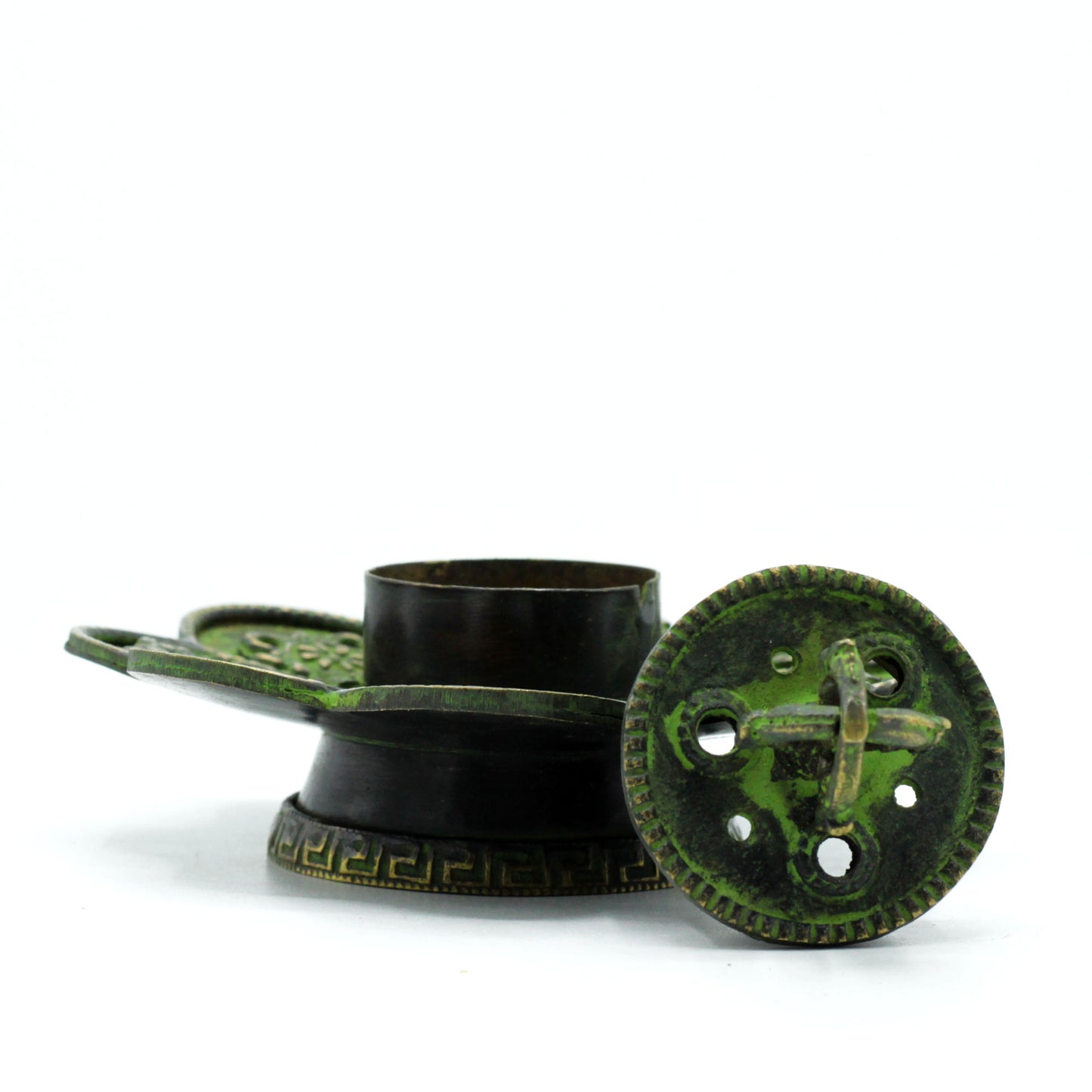 Brass Verdigris Tibetan Cone and Incense Holder - Eight Symbols