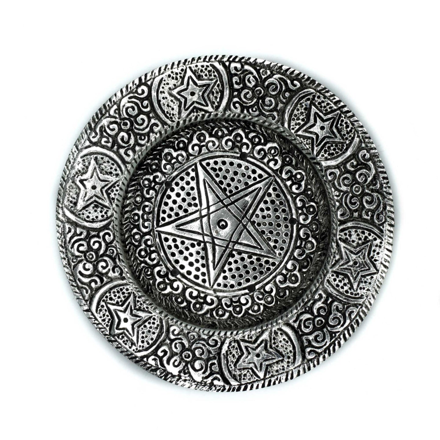 An ornate silver-colored circular plate features a central pentagram, surrounded by intricate swirling patterns and additional star motifs, against a plain white background.