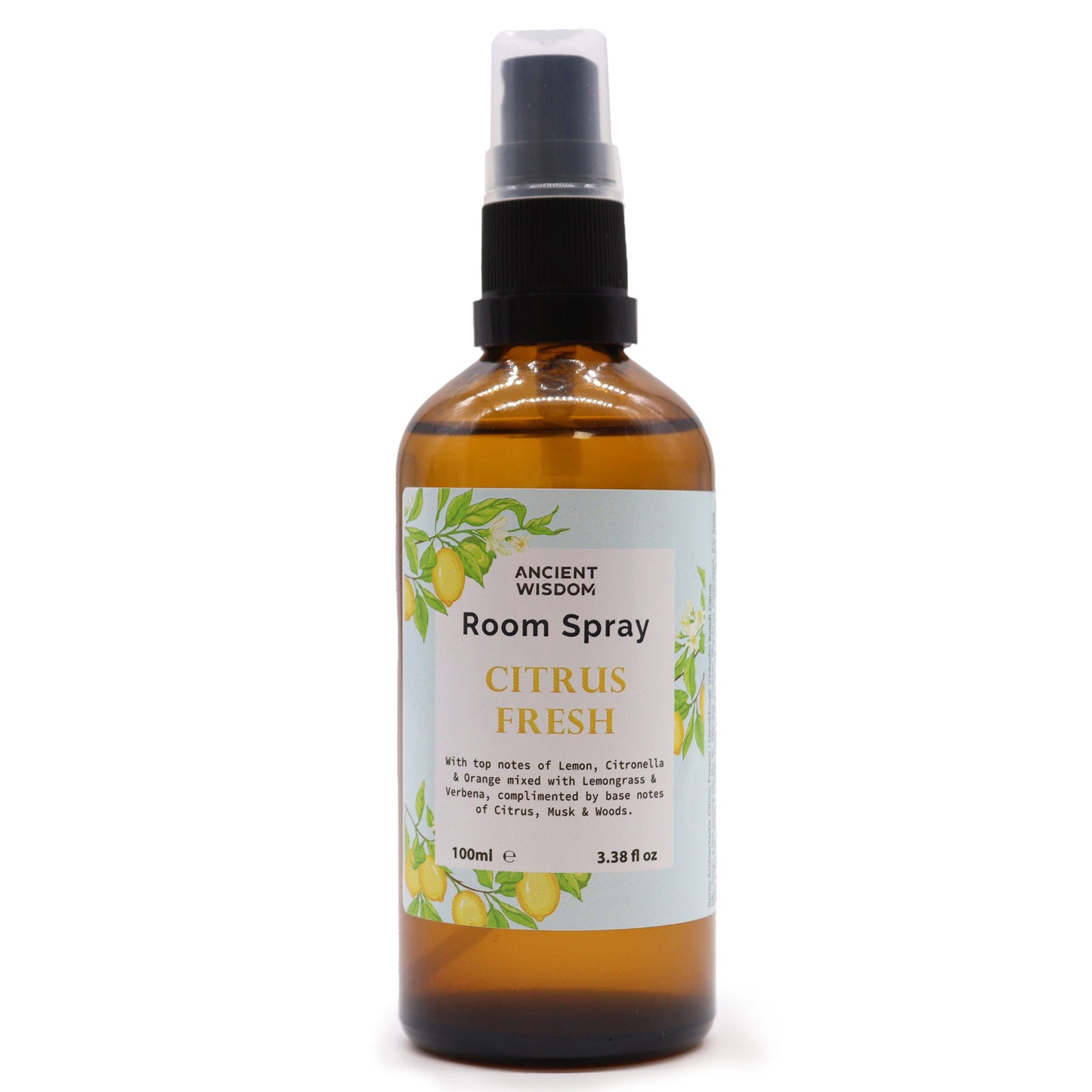 A brown glass bottle of "Ancient Wisdom Citrus Fresh Room Spray" sits on a white background. The spray bottle contains a citrus-scented room spray. The label details its scent profile.
