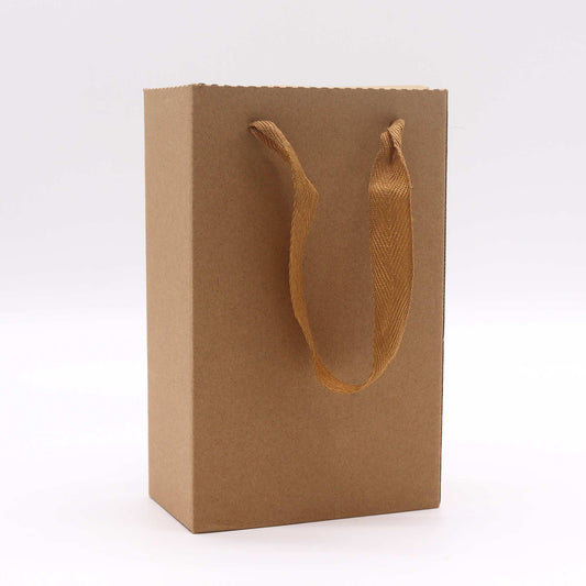 A brown paper bag sits on a white surface; it has a tan fabric handle.