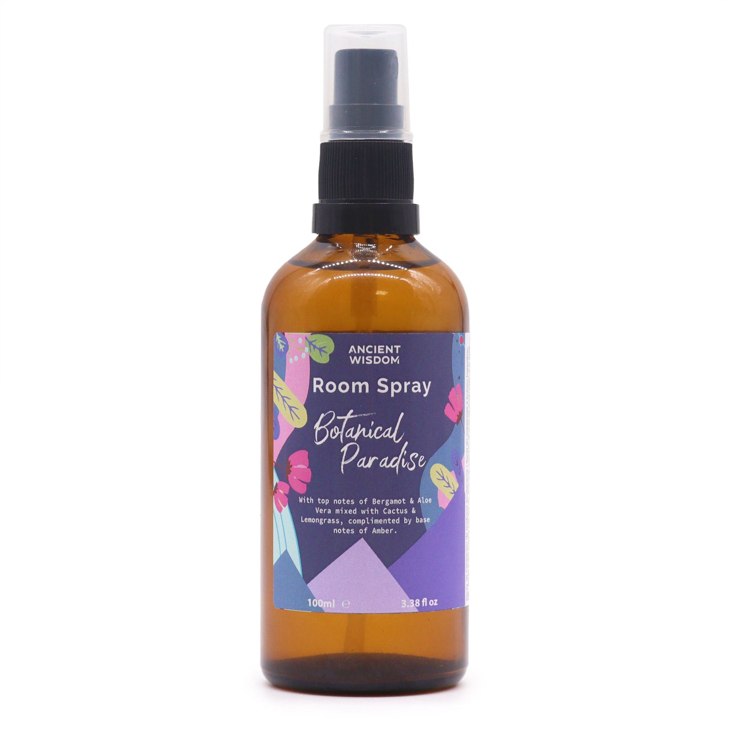 A brown glass bottle containing room spray sits on a white background. The bottle has a black spray top and a label reading, "ANCIENT WISDOM Room Spray Botanical Paradise," describing its scent profile, and volume as "100ml e 3.38 fl oz".
