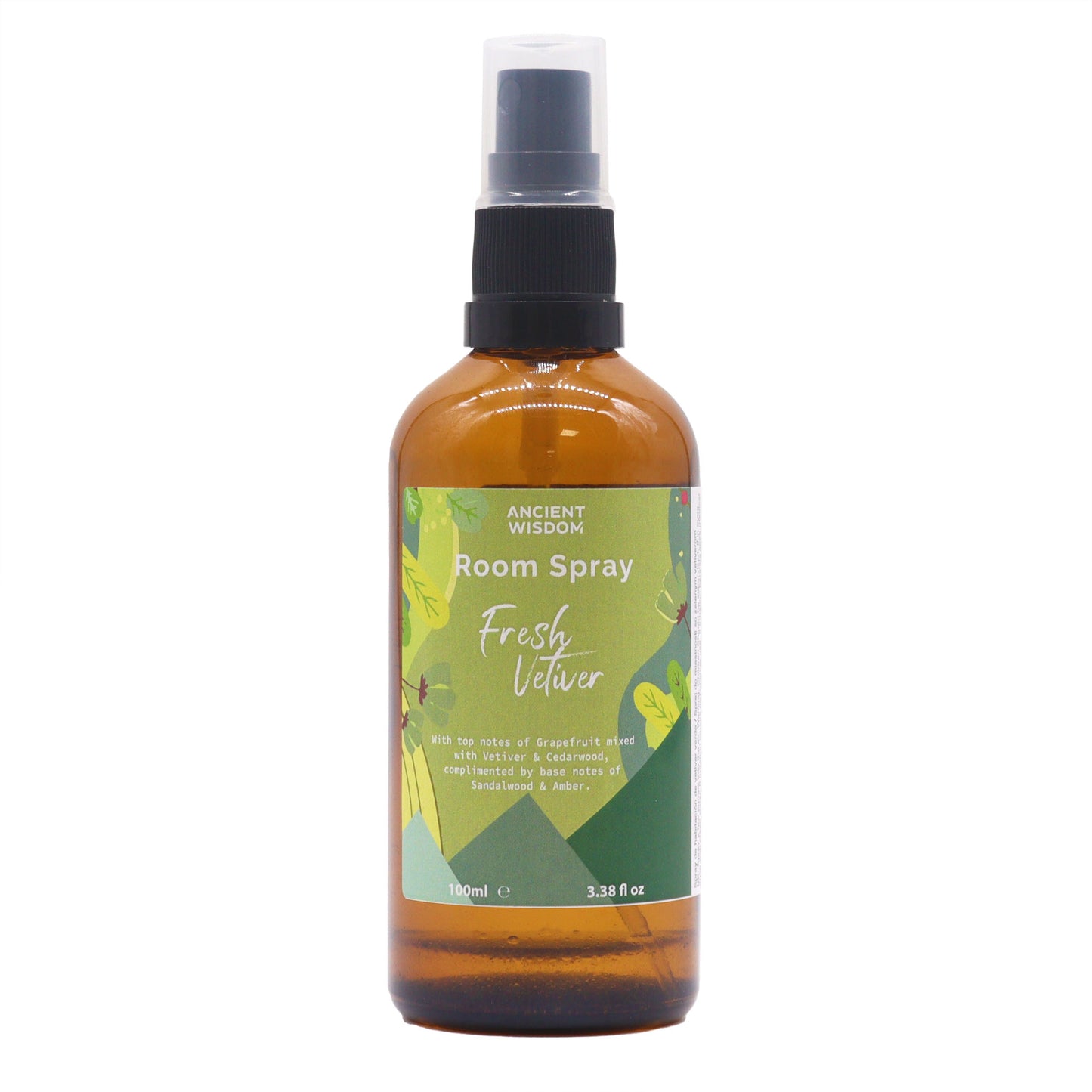 A brown glass bottle containing room spray sits on a white background. The spray bottle is labeled “Room Spray Fresh Vetiver,” describing its top notes of grapefruit, vetiver, and cedarwood, and base notes of sandalwood and amber. It contains 100ml (3.38 fl oz).