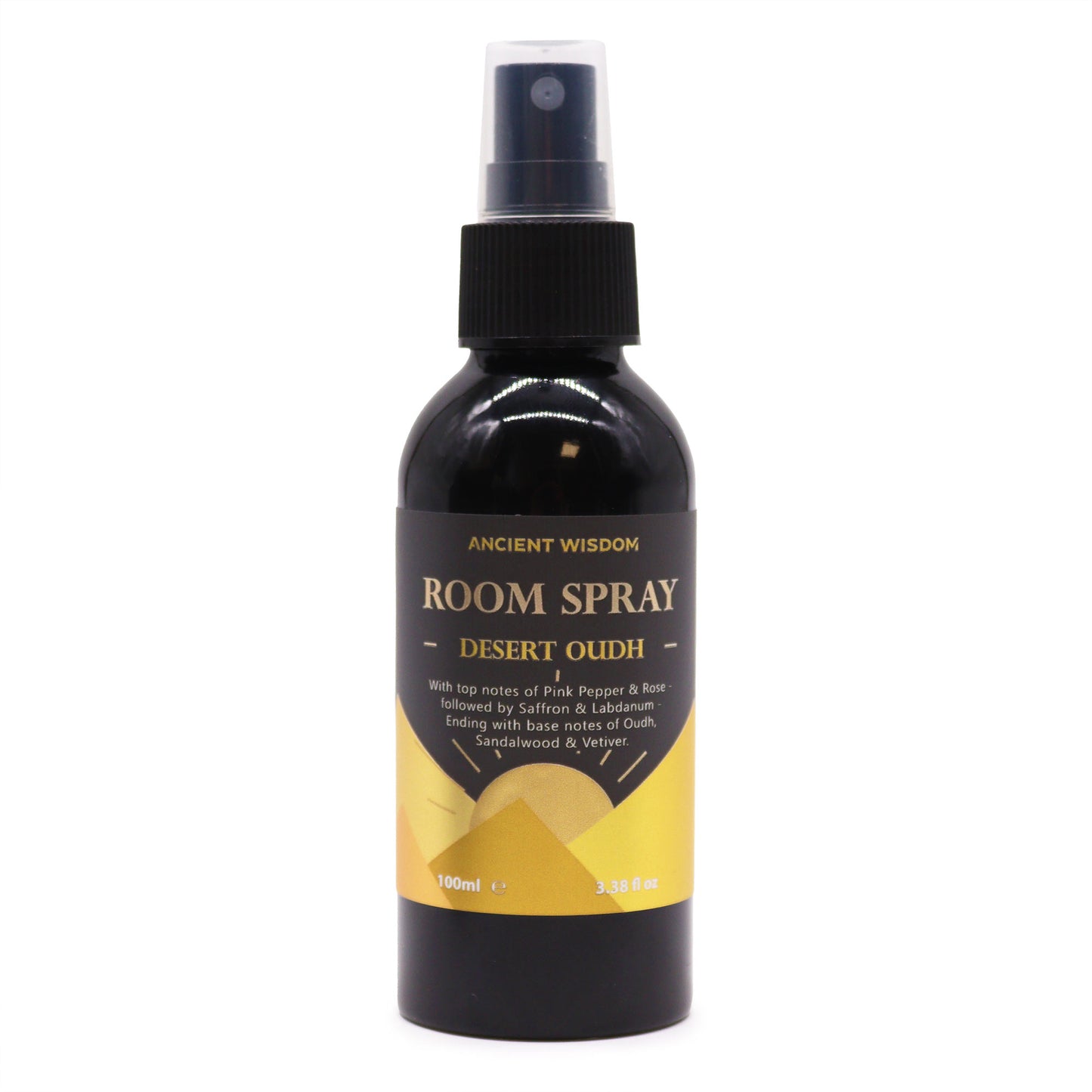 A black bottle of room spray, labeled “Desert Oudh,” sits on a white background. The spray bottle contains a fragrance with notes of pink pepper, rose, saffron, labdanum, oudh, sandalwood, and vetiver.