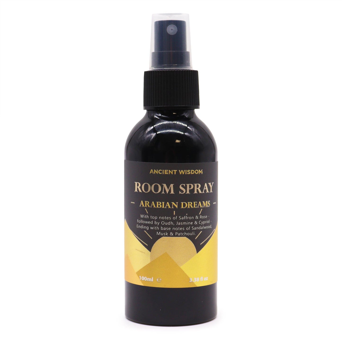 A dark-colored room spray bottle sits against a white background. The bottle is labeled "ANCIENT WISDOM ROOM SPRAY - ARABIAN DREAMS -," and lists its fragrance notes.