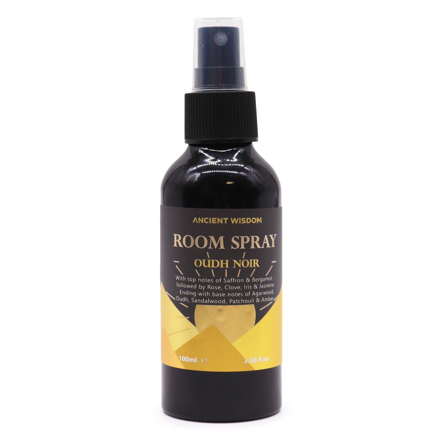 A dark-colored glass bottle containing room spray sits on a white background. The bottle has a black spray top and a label that reads: "ANCIENT WISDOM ROOM SPRAY OUDH NOIR". The label also details fragrance notes.