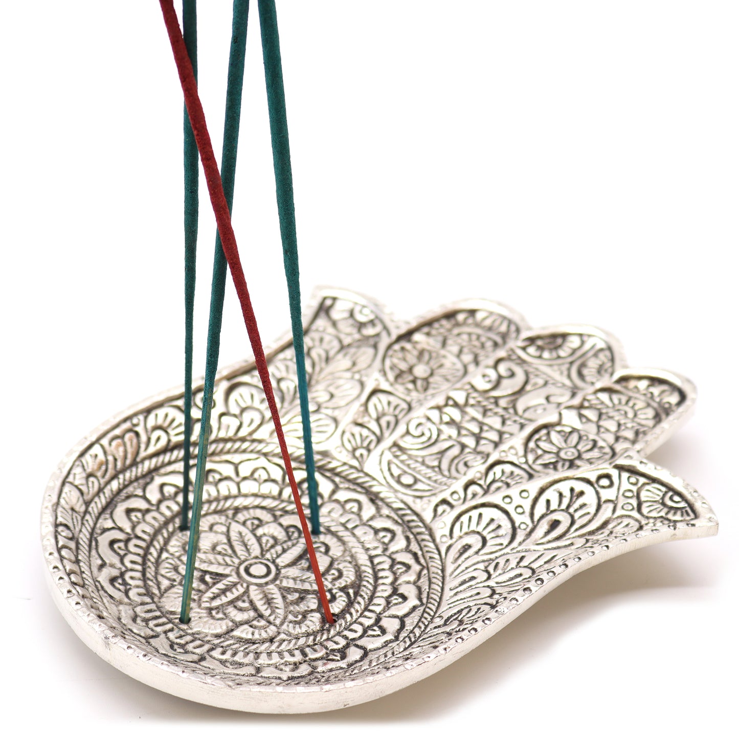 Polished Aluminium Large Hamsa Incense Holder – reflective aluminium Hamsa hand incense stick tray for boho spiritual home décor UK.