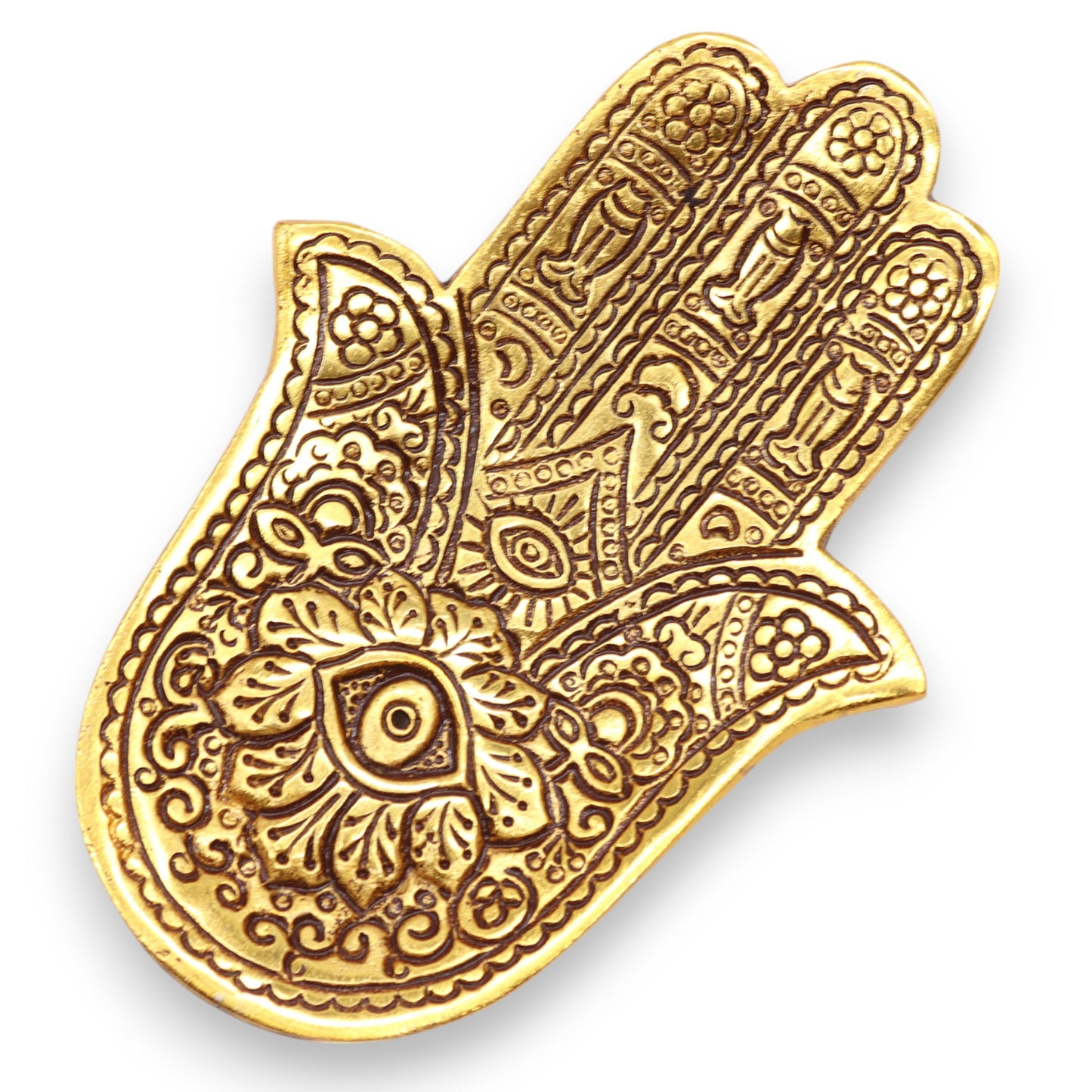 Gold Aluminium Small Hamsa Incense Holder – polished aluminium Hamsa hand incense plate for stick burning, compact boho décor UK.