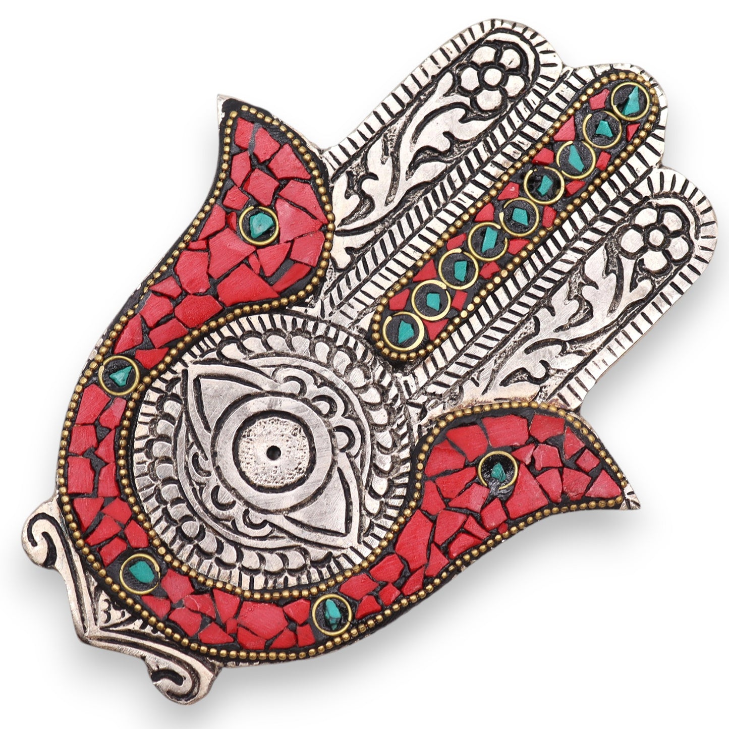 Red & Green Small Hamsa Incense Holder – red and green enamel Hamsa hand shaped incense stick holder for compact spiritual décor UK.