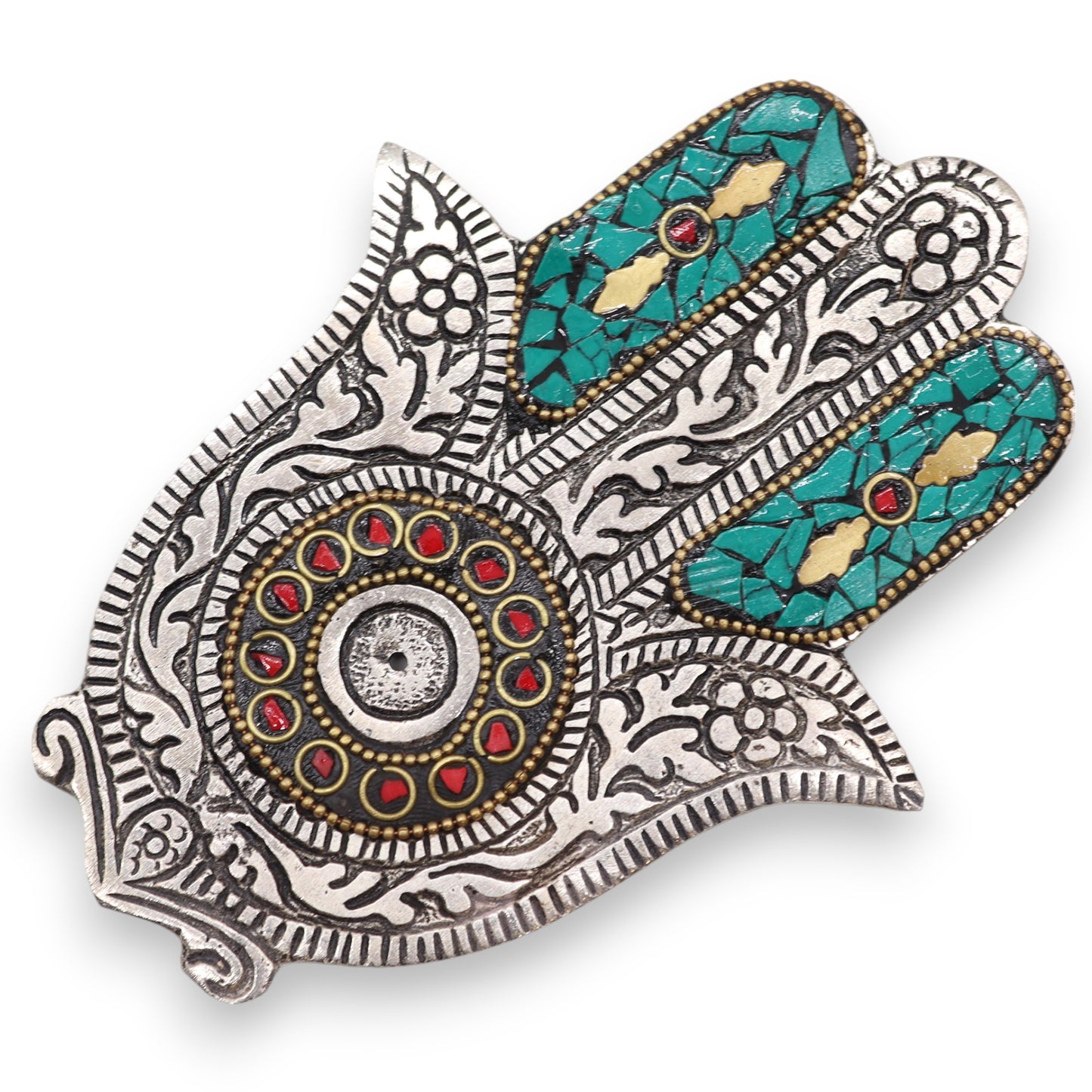 Green Small Hamsa Incense Holder – green enamel Hamsa hand incense stick tray for compact boho-spiritual décor UK.