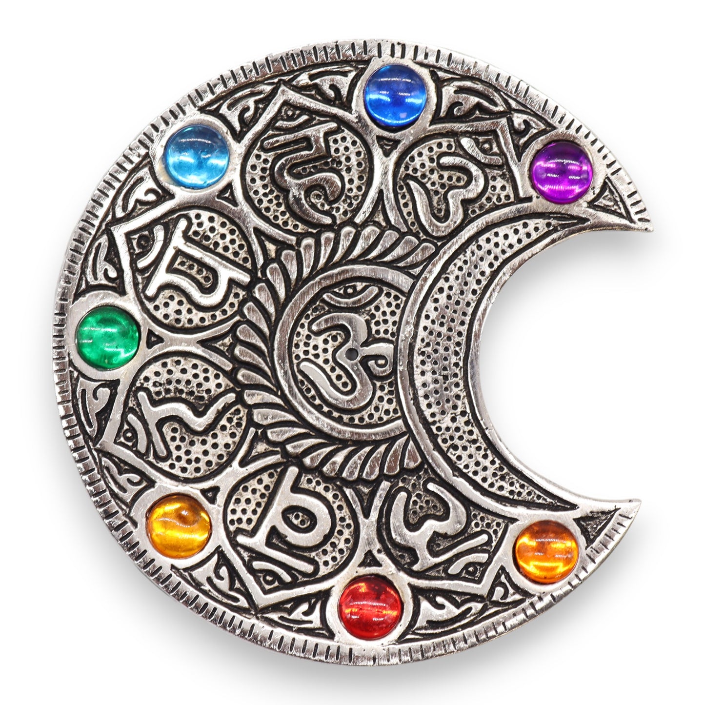 Seven Chakra Moon Incense Holder – moon-shaped incense holder with seven chakra colour motifs for stick burning, boho spiritual décor UK.