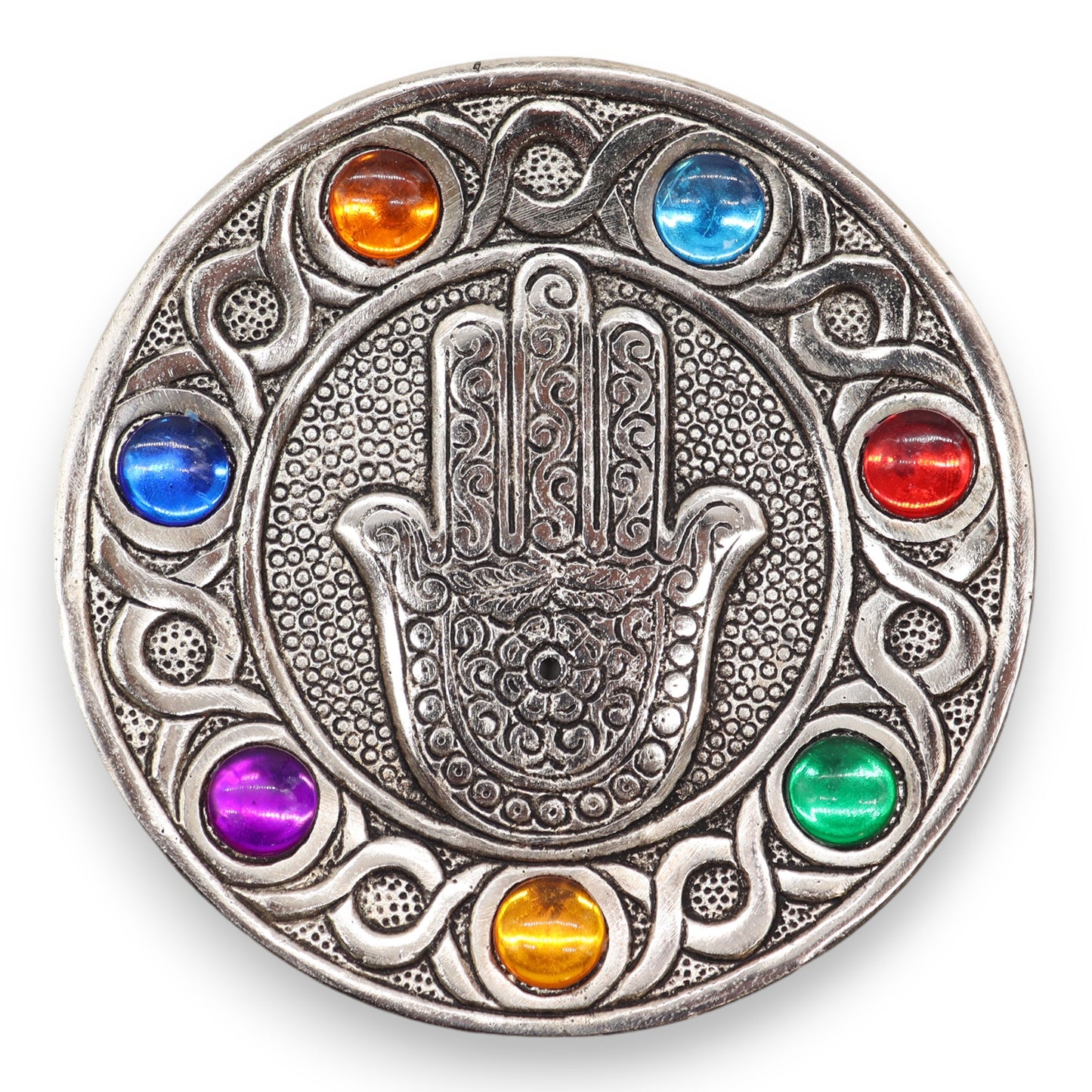 Seven Chakra Hamsa Incense Holder – protective Hamsa hand incense stick holder adorned in seven chakra colour accents for compact boho-spiritual décor UK.